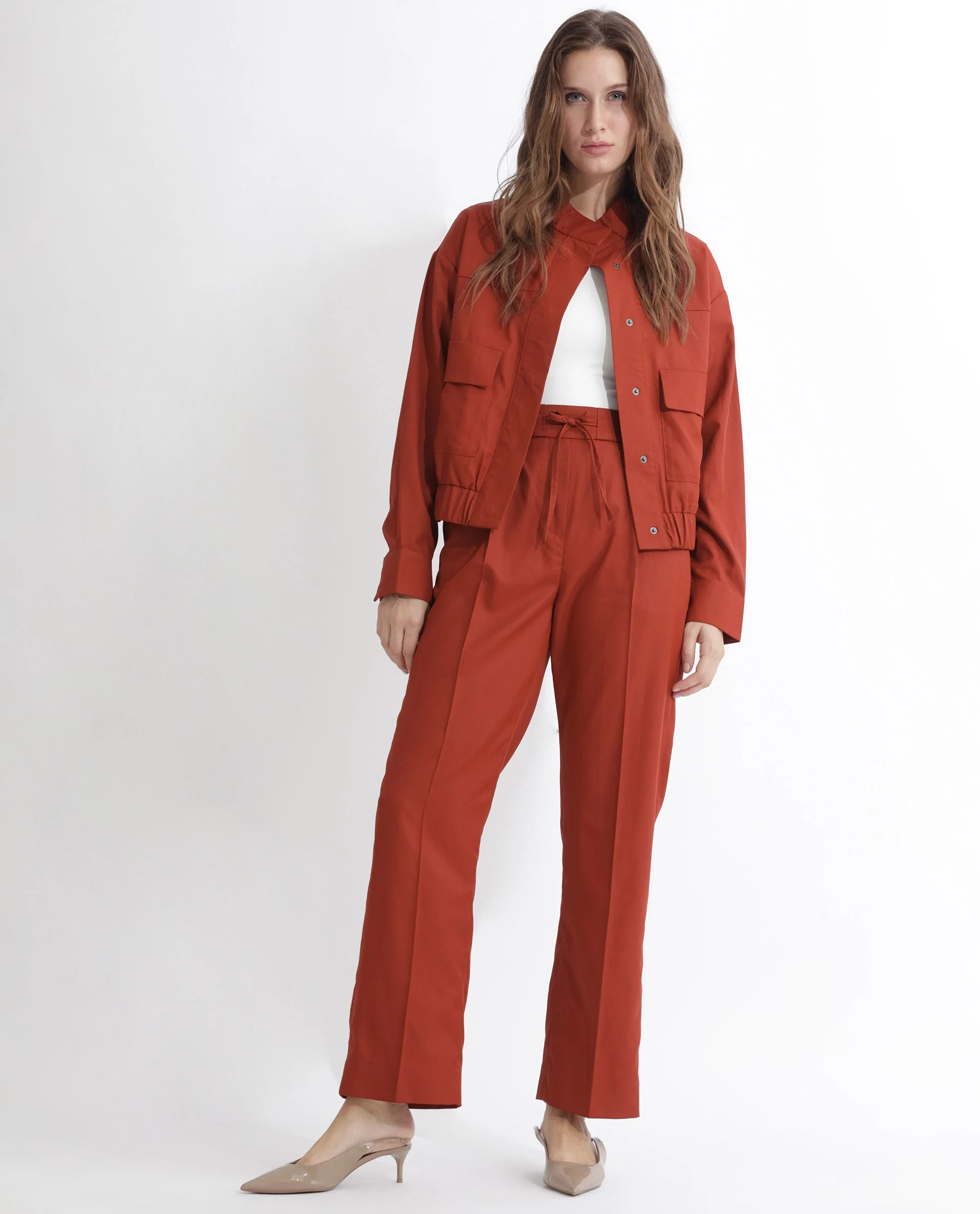 Rareism Women's Miza Orange Cotton Plain Ankle Length Straight Fit Trouser - Image 10