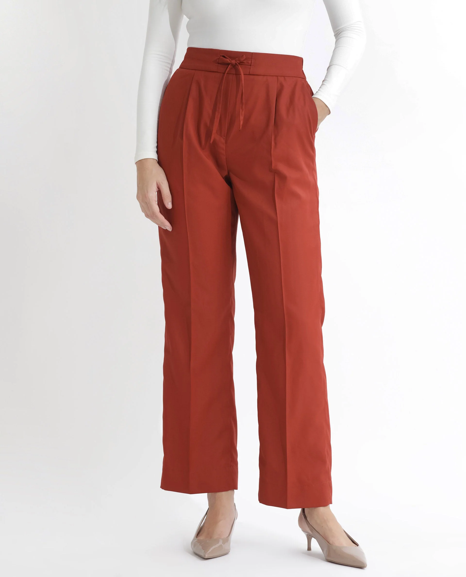Rareism Women's Miza Orange Cotton Plain Ankle Length Straight Fit Trouser - Image 6