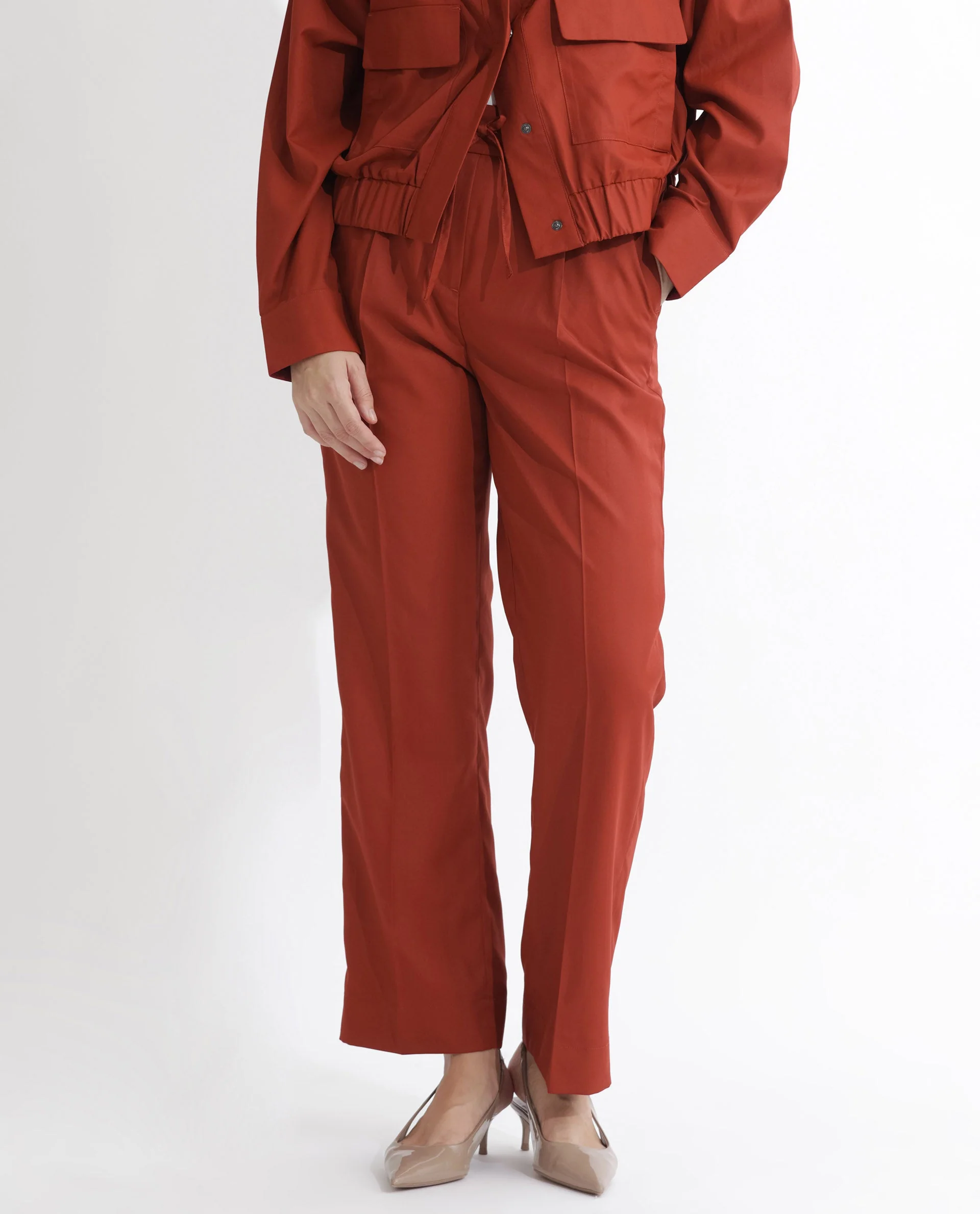 Rareism Women's Miza Orange Cotton Plain Ankle Length Straight Fit Trouser - Image 9