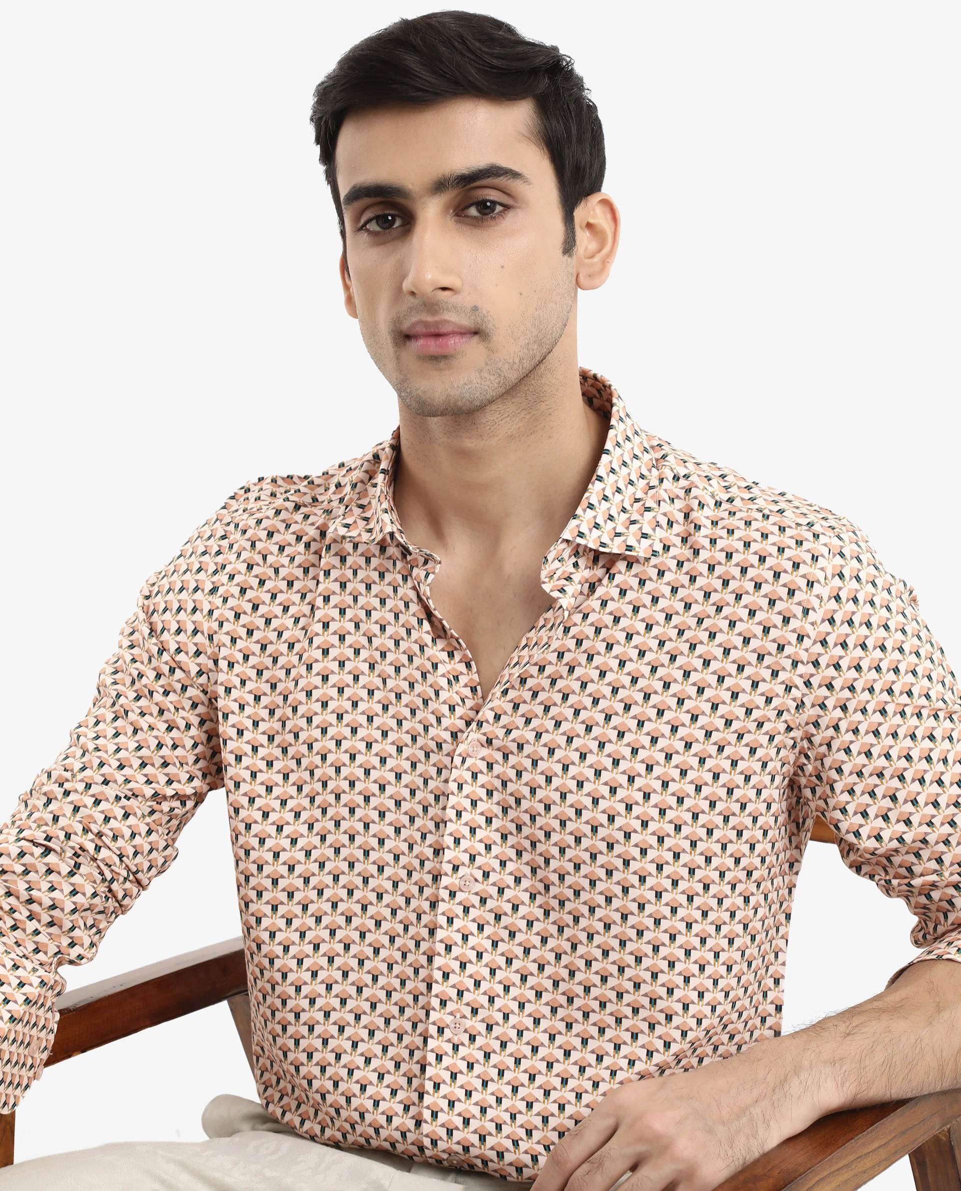 Rare Rabbit Men's Mizar Beige Viscose Geometric Print Regular Fit Full Sleeve Collared Shirt