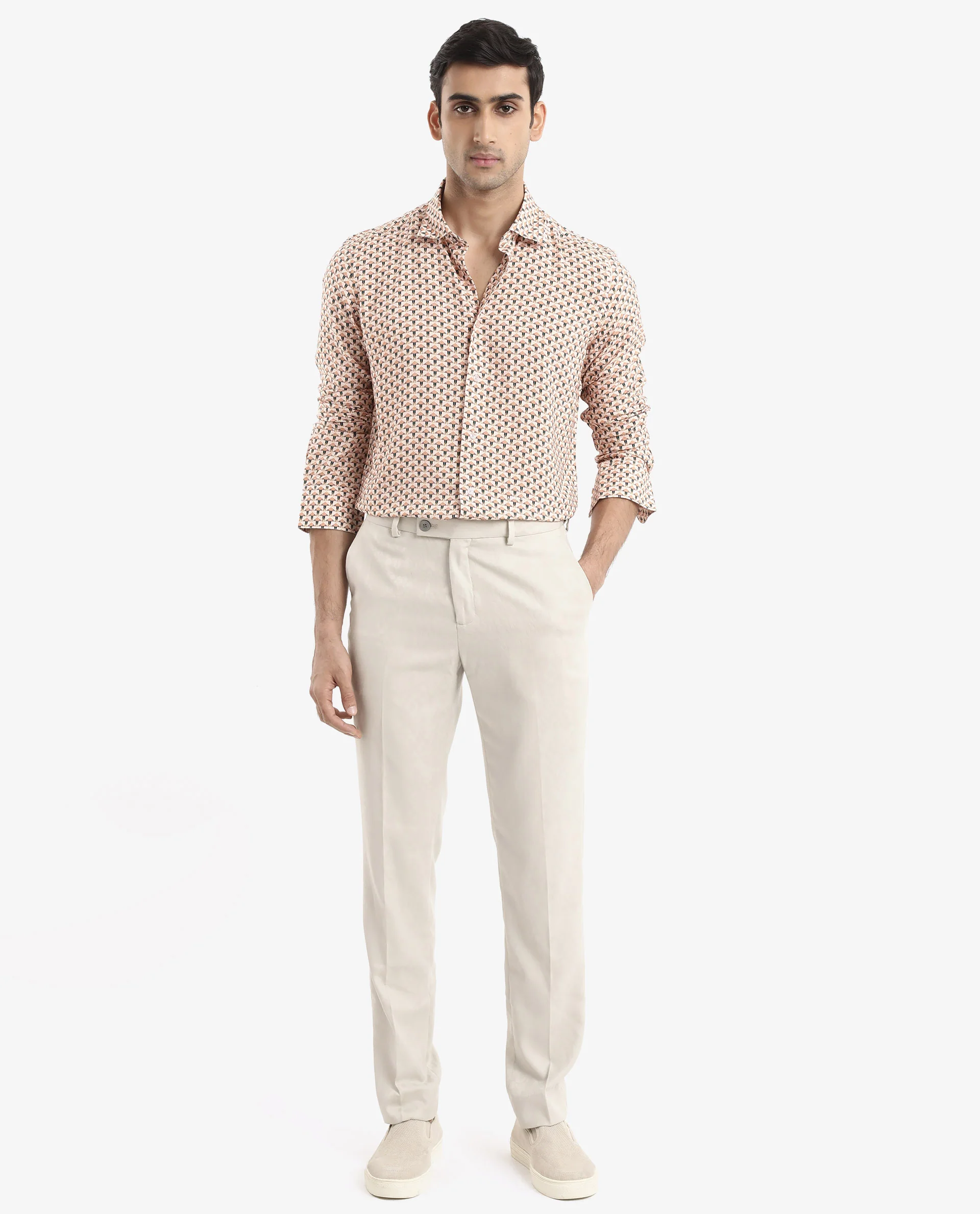 Rare Rabbit Men's Mizar Beige Viscose Geometric Print Regular Fit Full Sleeve Collared Shirt - Image 2