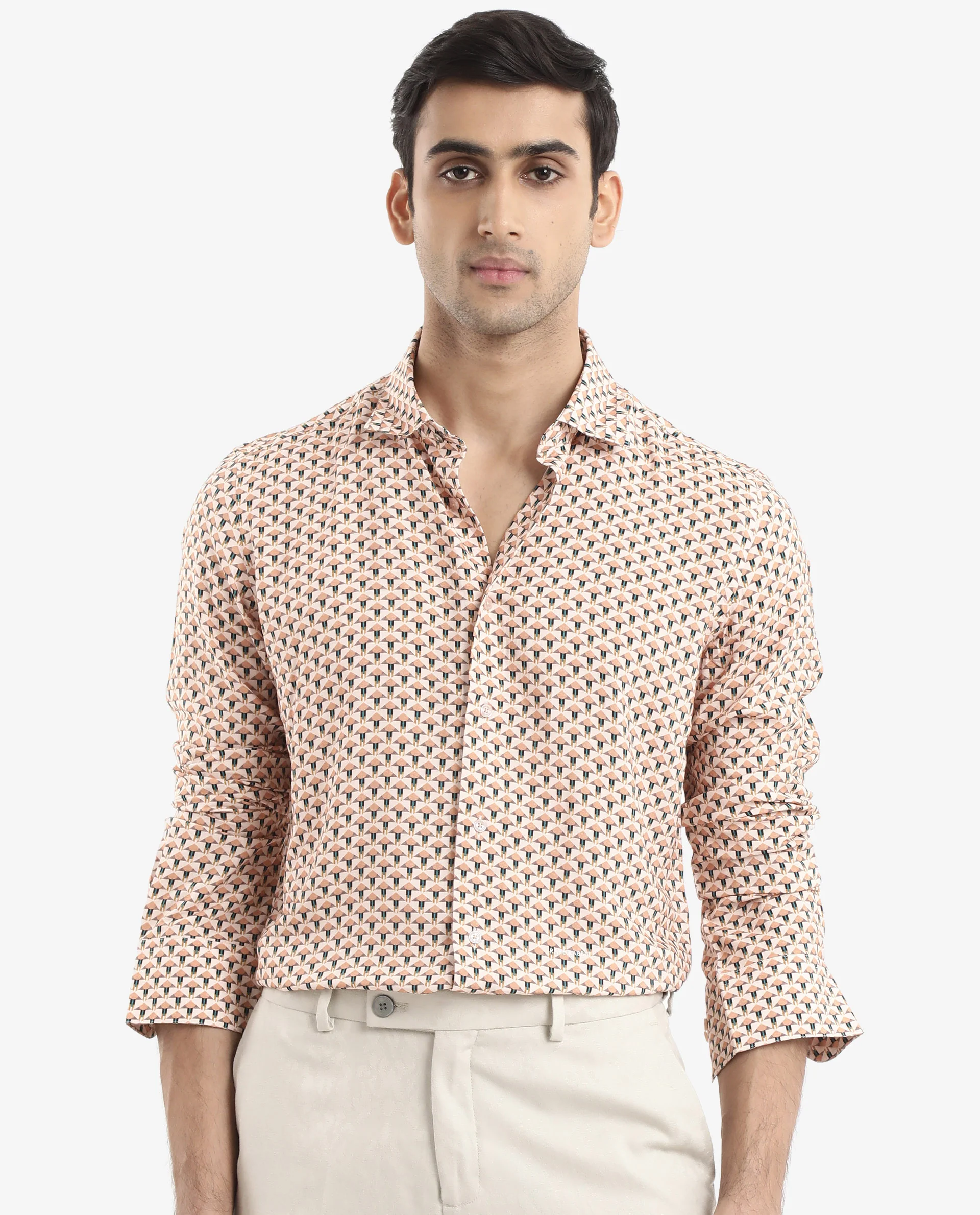 Rare Rabbit Men's Mizar Beige Viscose Geometric Print Regular Fit Full Sleeve Collared Shirt - Image 3