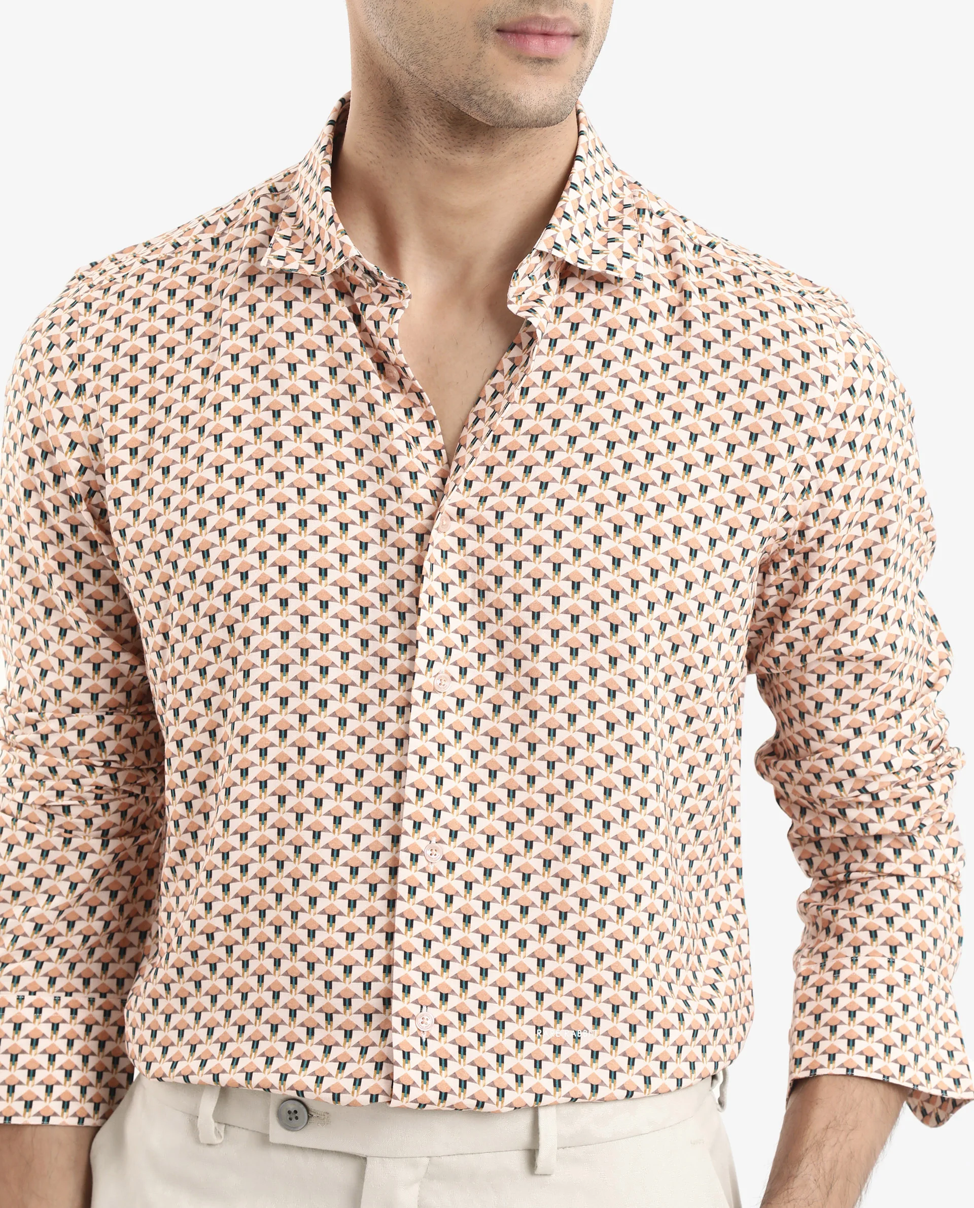 Rare Rabbit Men's Mizar Beige Viscose Geometric Print Regular Fit Full Sleeve Collared Shirt - Image 4