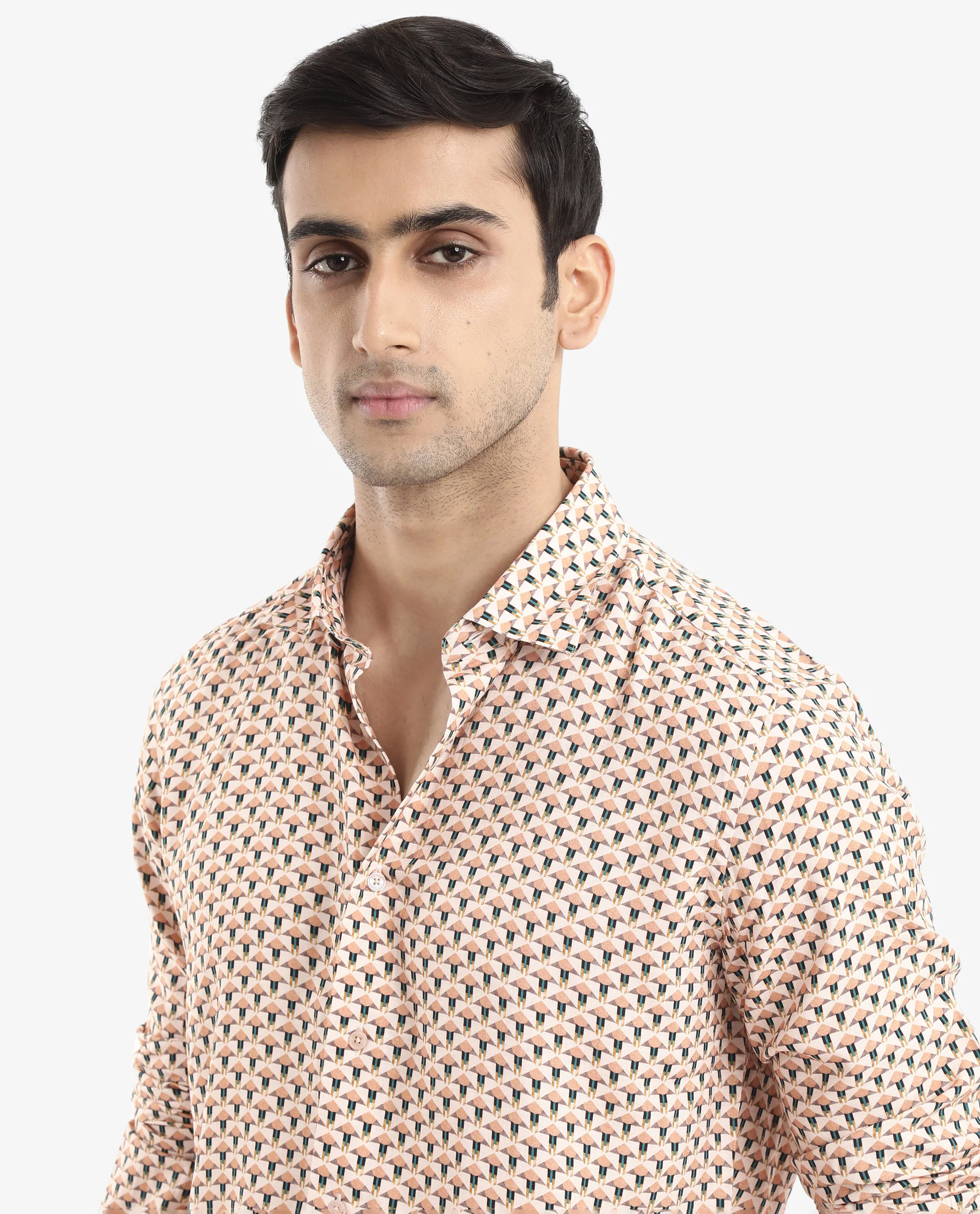 Rare Rabbit Men's Mizar Beige Viscose Geometric Print Regular Fit Full Sleeve Collared Shirt - Image 5