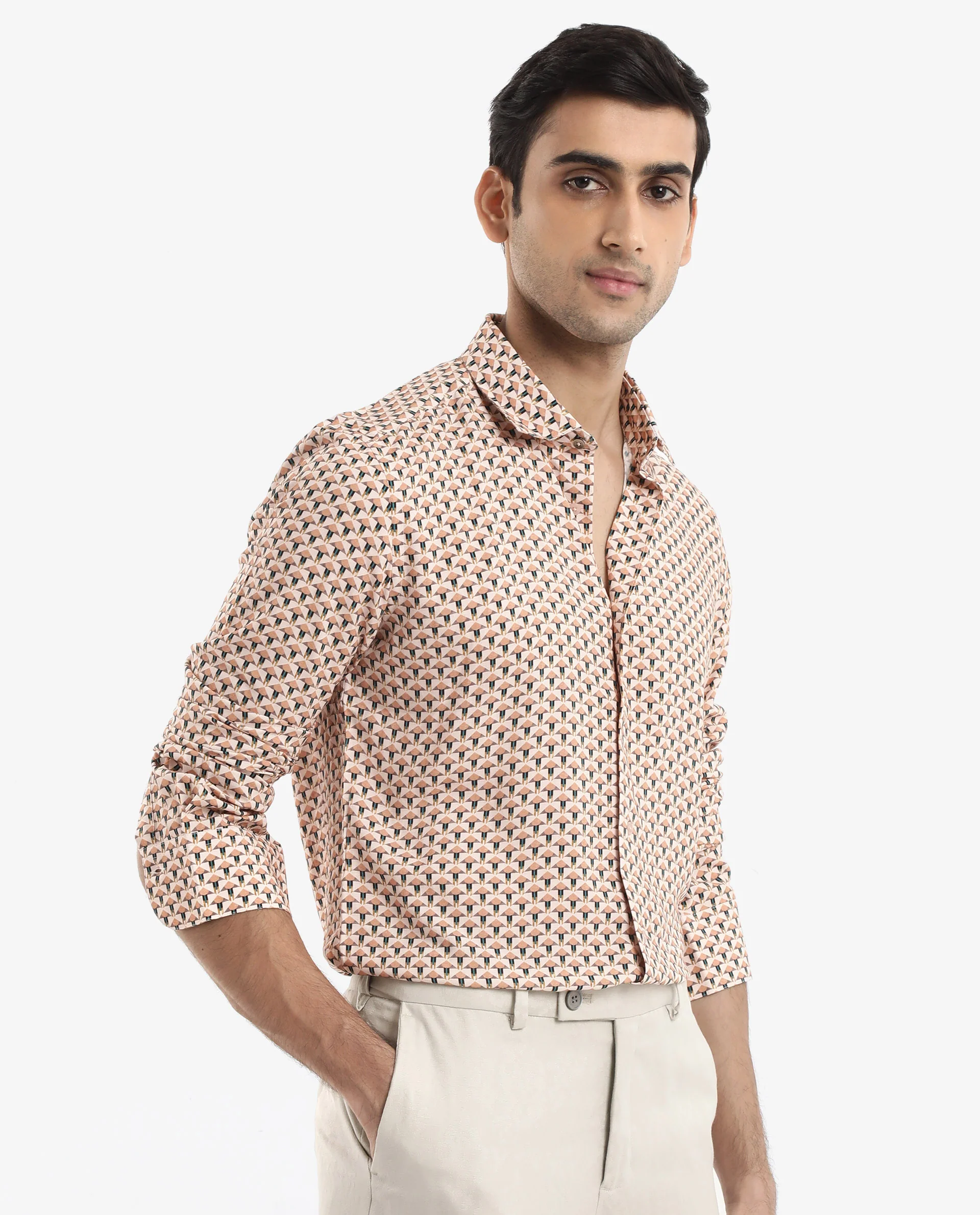 Rare Rabbit Men's Mizar Beige Viscose Geometric Print Regular Fit Full Sleeve Collared Shirt - Image 7