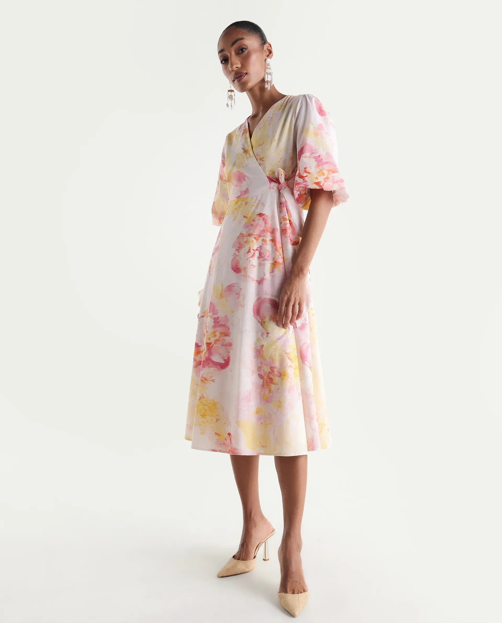Rareism Women's Mizi Multi Cotton Half Sleeve Over Lap Flared Floral Print Dress