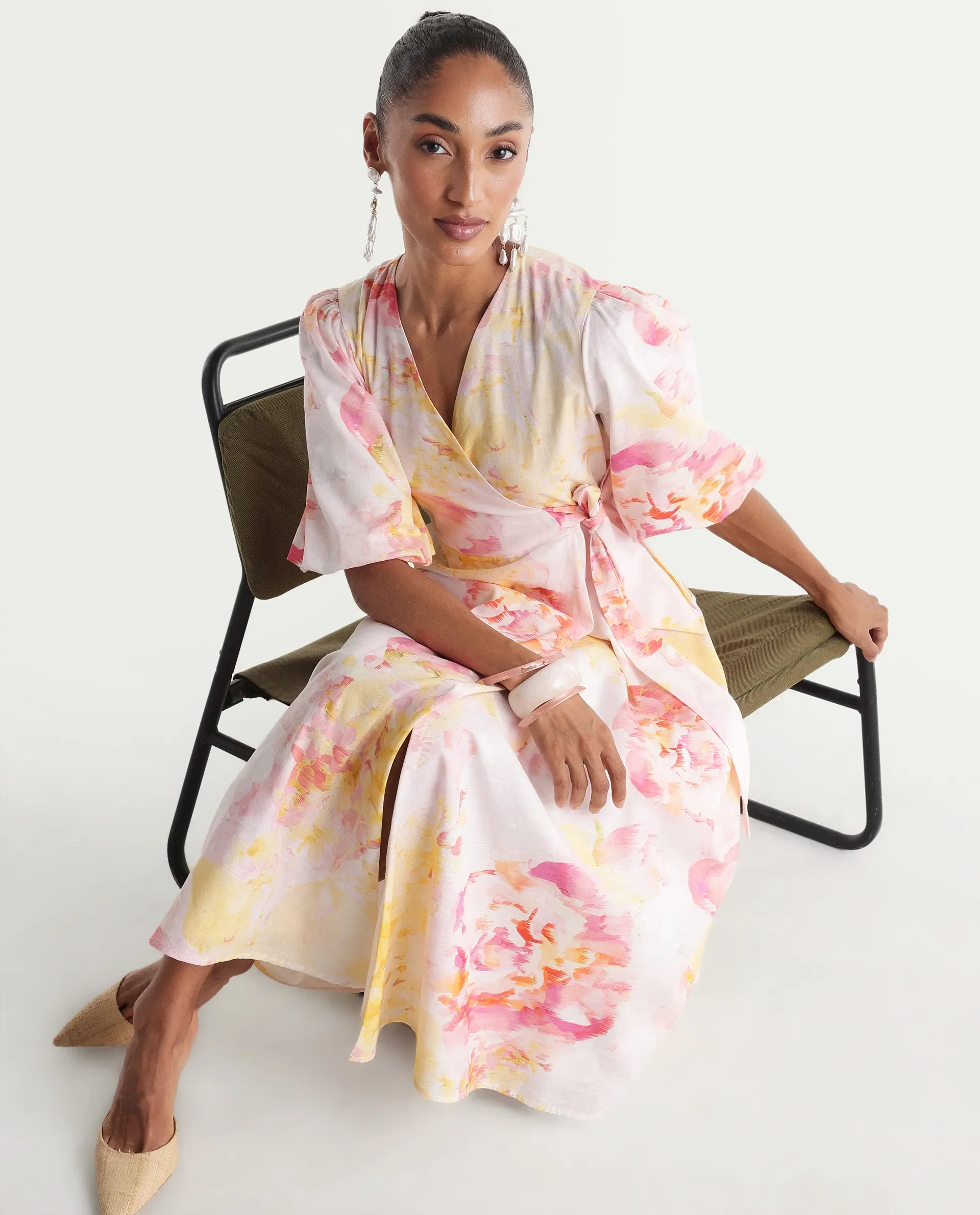 Rareism Women's Mizi Multi Cotton Half Sleeve Over Lap Flared Floral Print Dress - Image 2
