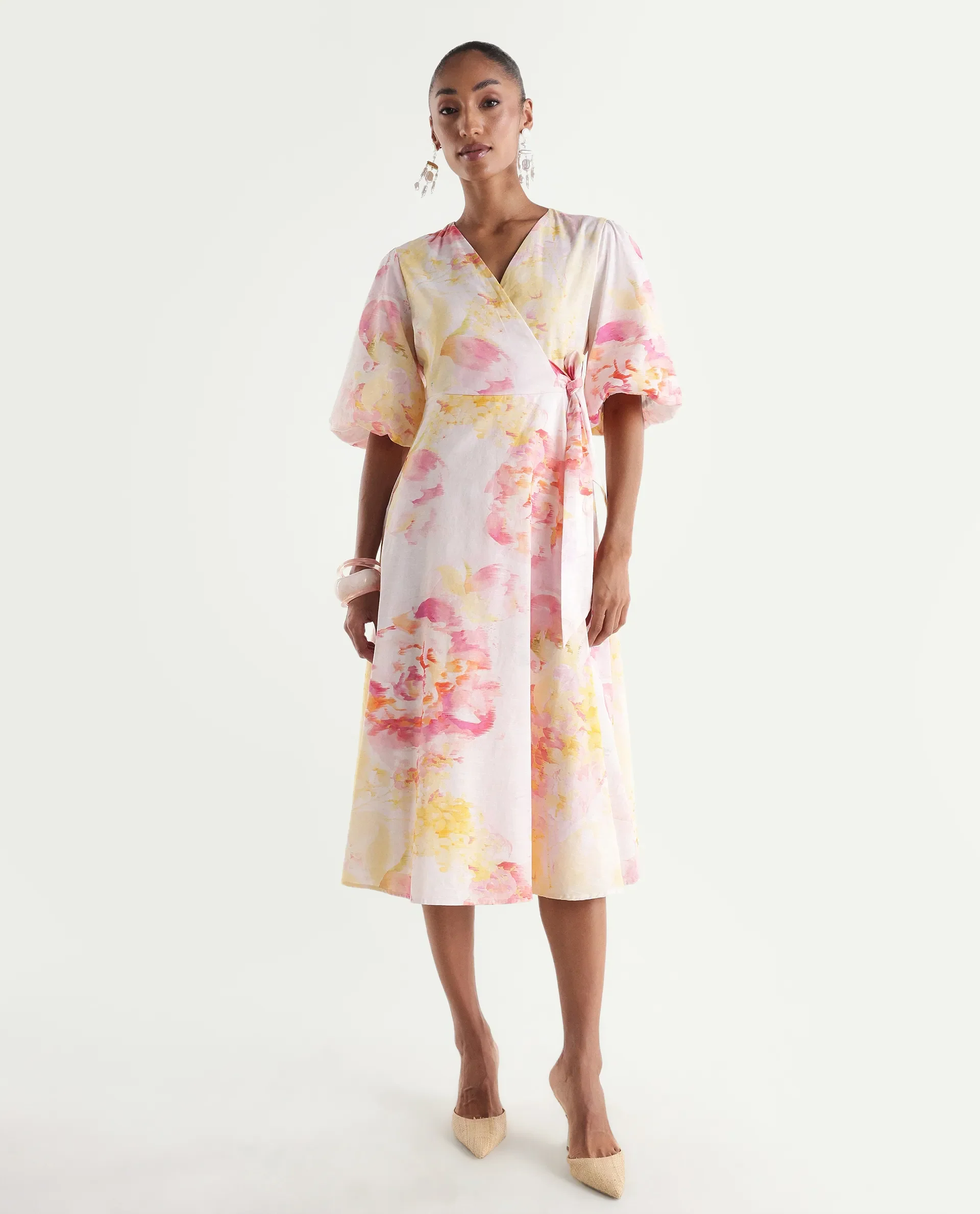 Rareism Women's Mizi Multi Cotton Half Sleeve Over Lap Flared Floral Print Dress - Image 3
