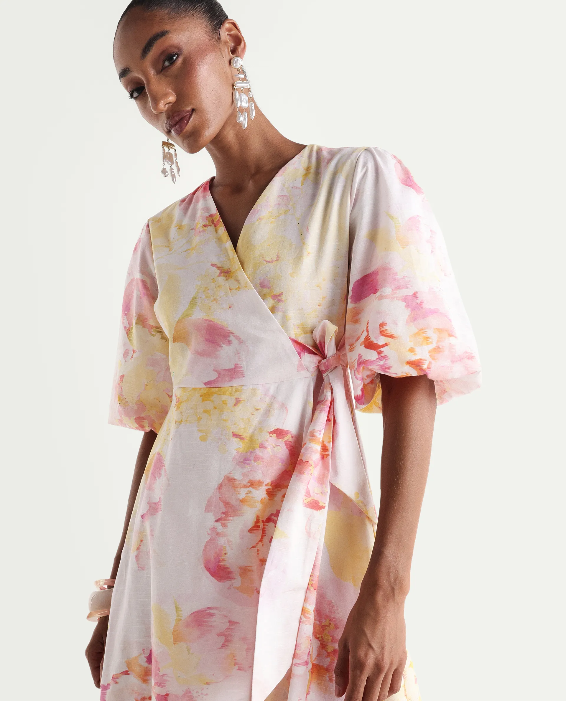 Rareism Women's Mizi Multi Cotton Half Sleeve Over Lap Flared Floral Print Dress - Image 4