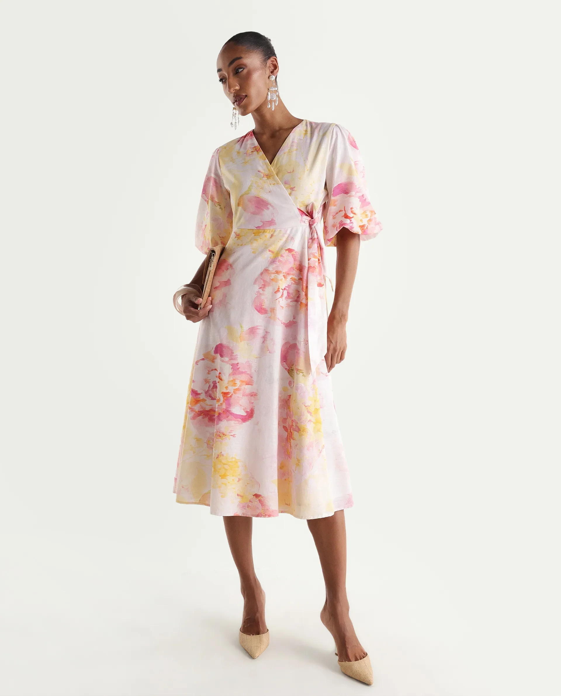 Rareism Women's Mizi Multi Cotton Half Sleeve Over Lap Flared Floral Print Dress - Image 5