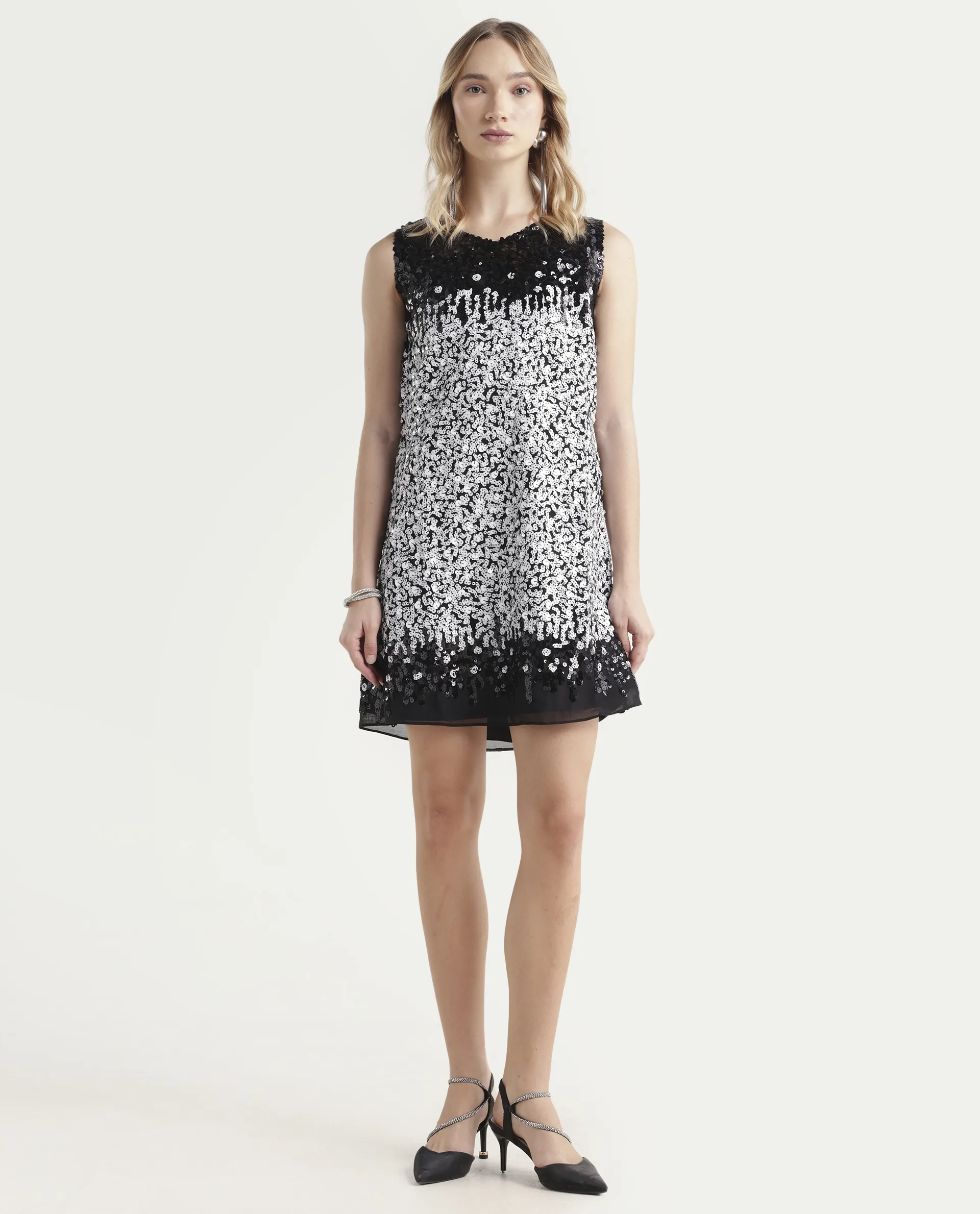 Rareism Women's Moana Sheen White Polyester V-Neck Sequined Sleeveless Mini Regular Fit Dress - Image 3