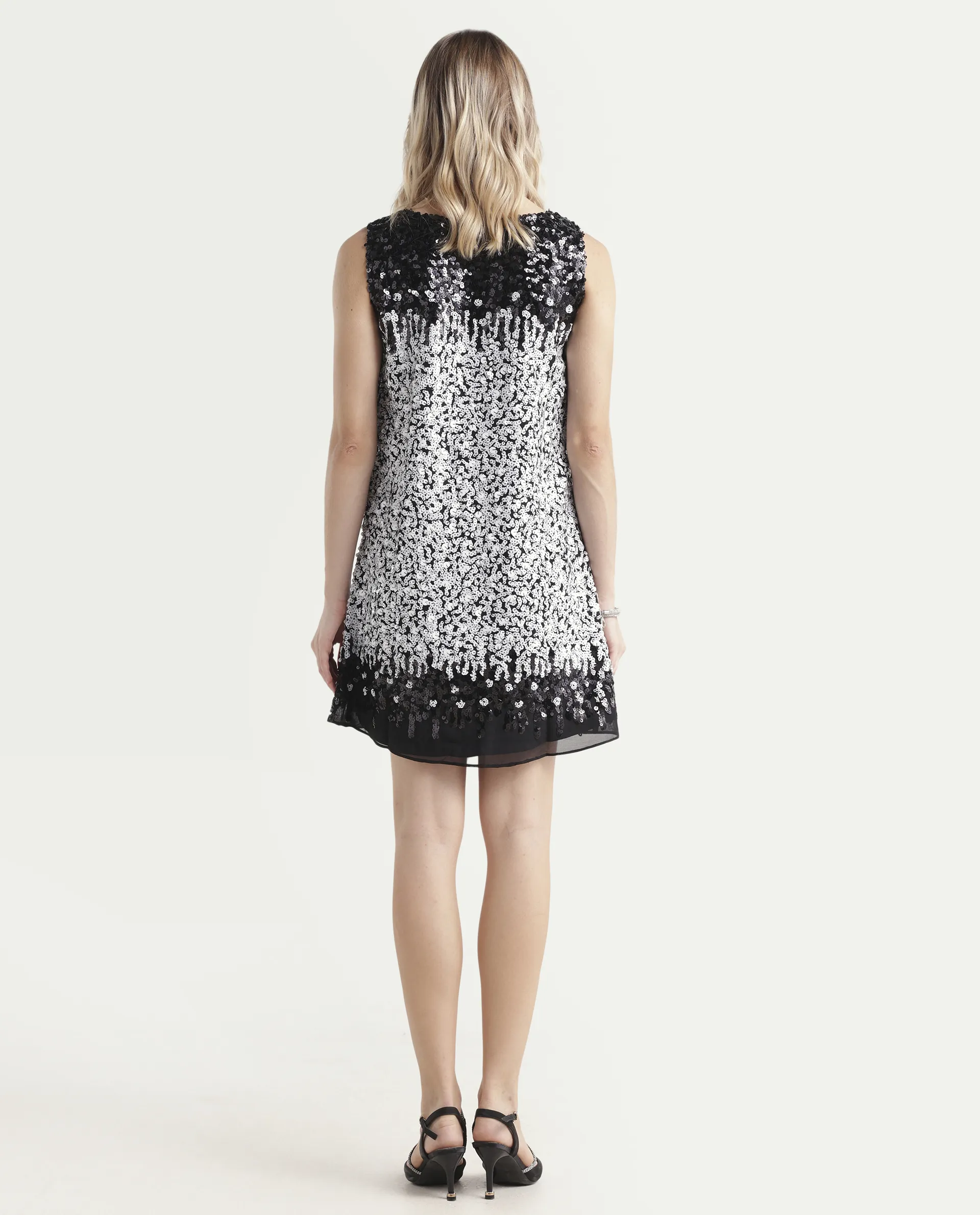 Rareism Women's Moana Sheen White Polyester V-Neck Sequined Sleeveless Mini Regular Fit Dress - Image 7
