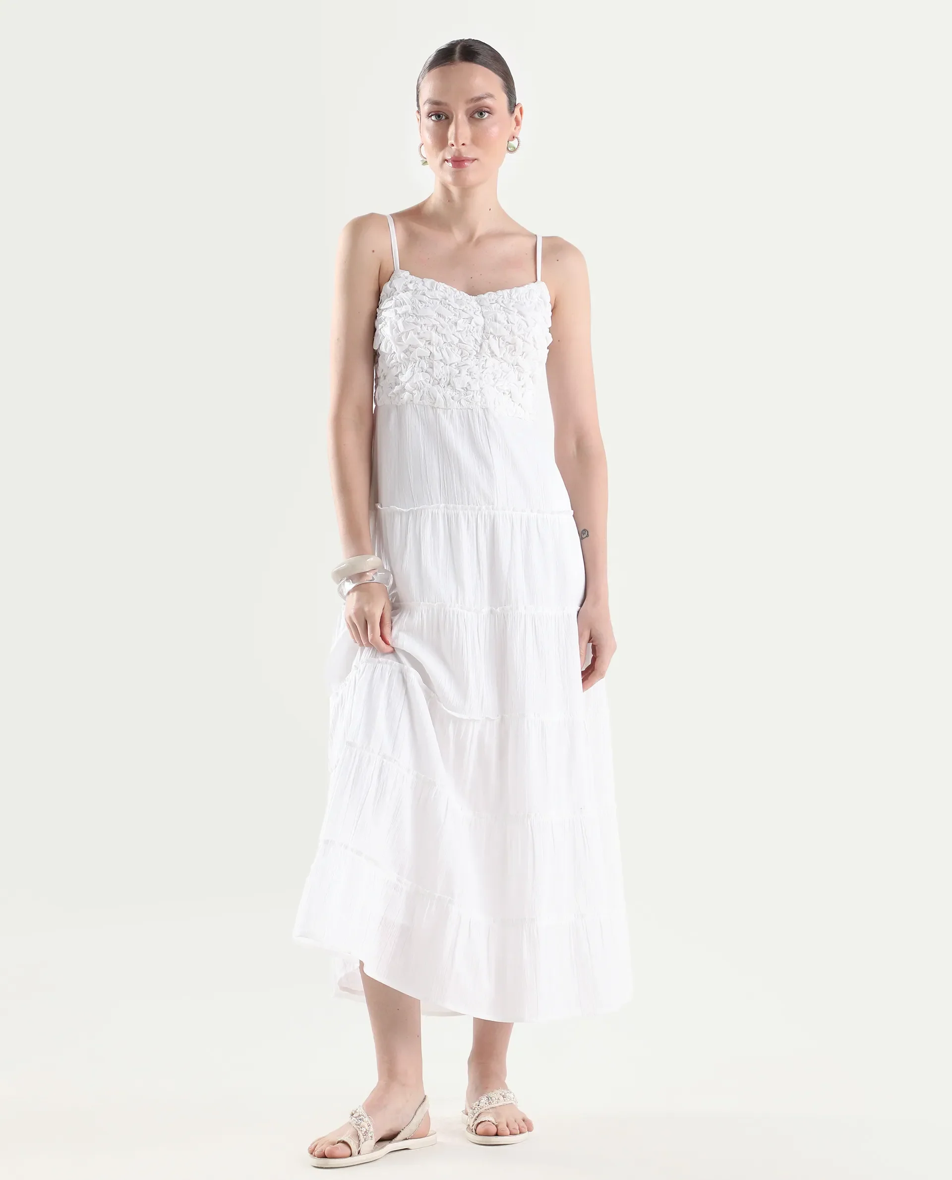 Rareism Women's Moanna Off White Cotton Sleeveless Square Neck Fit And Flare Dress - Image 2