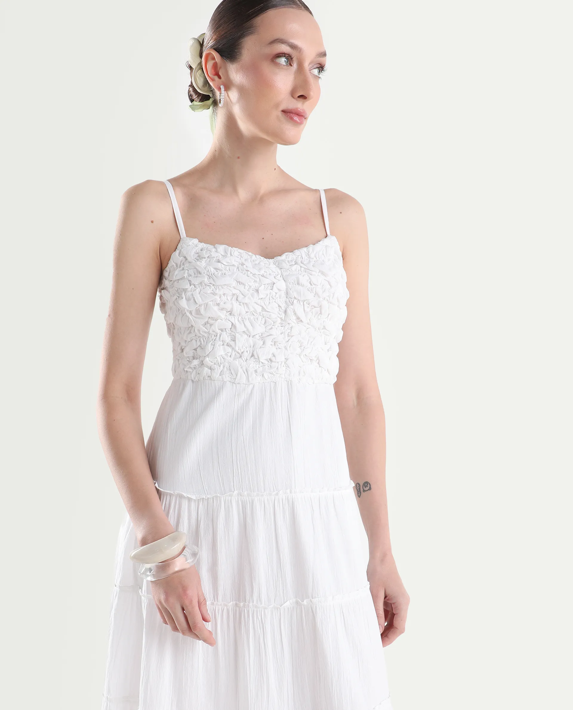 Rareism Women's Moanna Off White Cotton Sleeveless Square Neck Fit And Flare Dress - Image 3