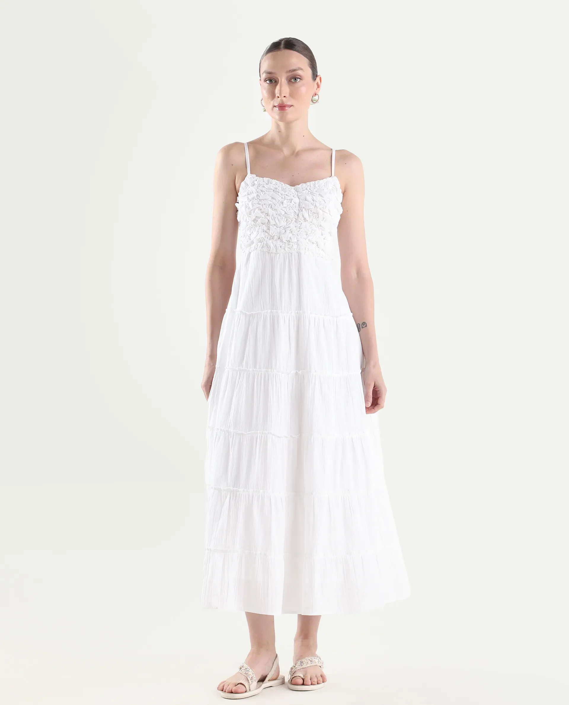 Rareism Women's Moanna Off White Cotton Sleeveless Square Neck Fit And Flare Dress - Image 4