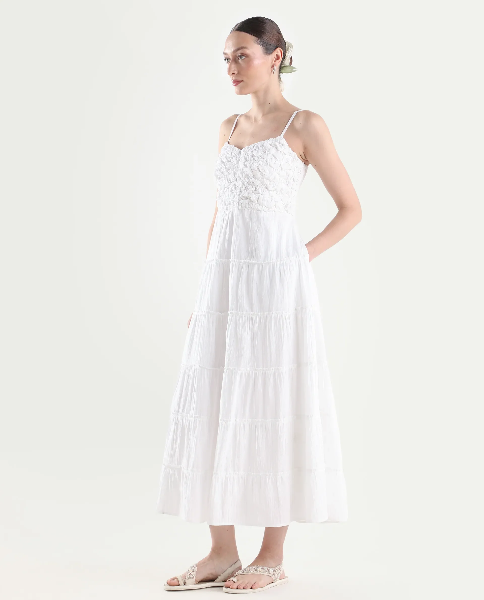 Rareism Women's Moanna Off White Cotton Sleeveless Square Neck Fit And Flare Dress - Image 6