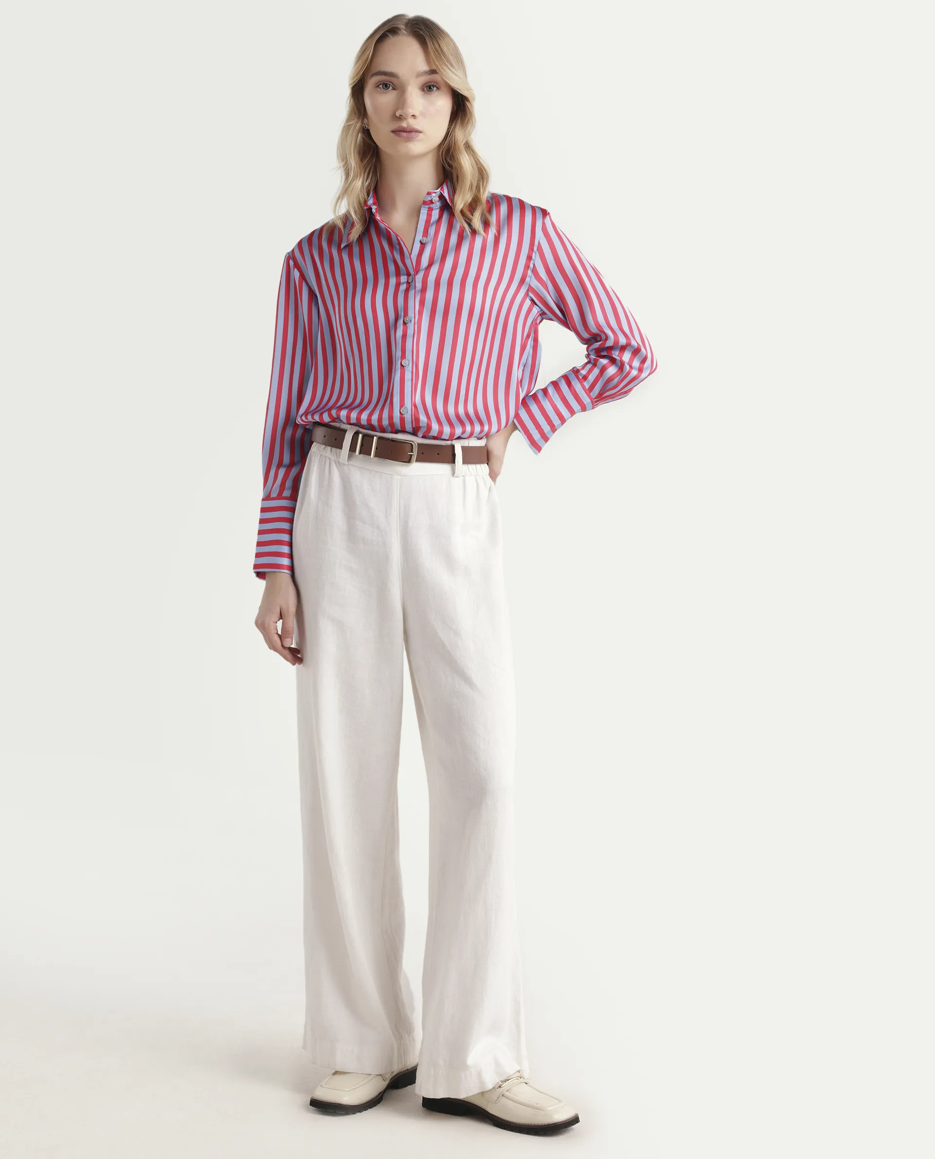 Rareism Women's Mochin Blue Polyester Drop Collar Striped Cuffed Sleeve Regular Fit Shirt - Image 2