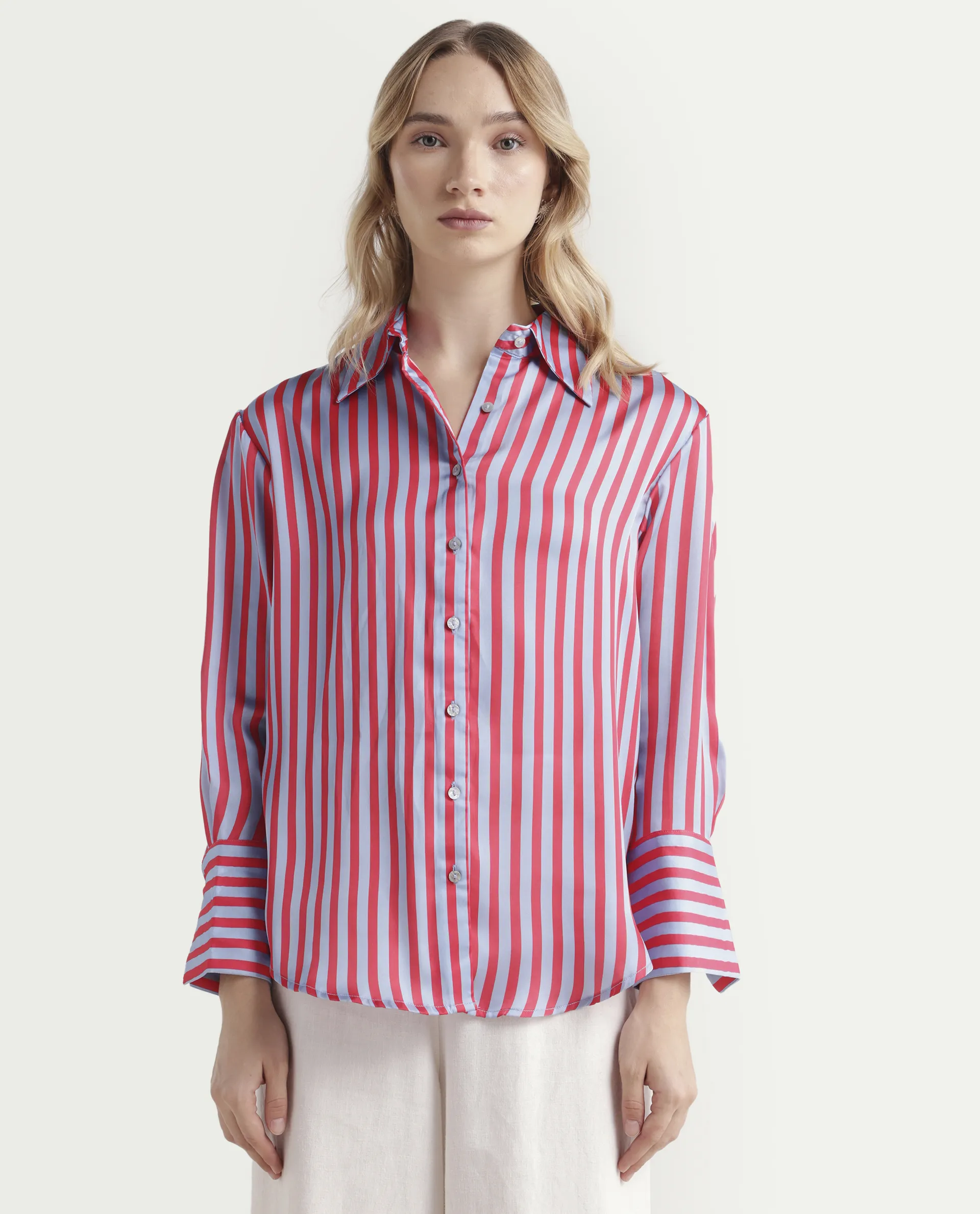 Rareism Women's Mochin Blue Polyester Drop Collar Striped Cuffed Sleeve Regular Fit Shirt - Image 3