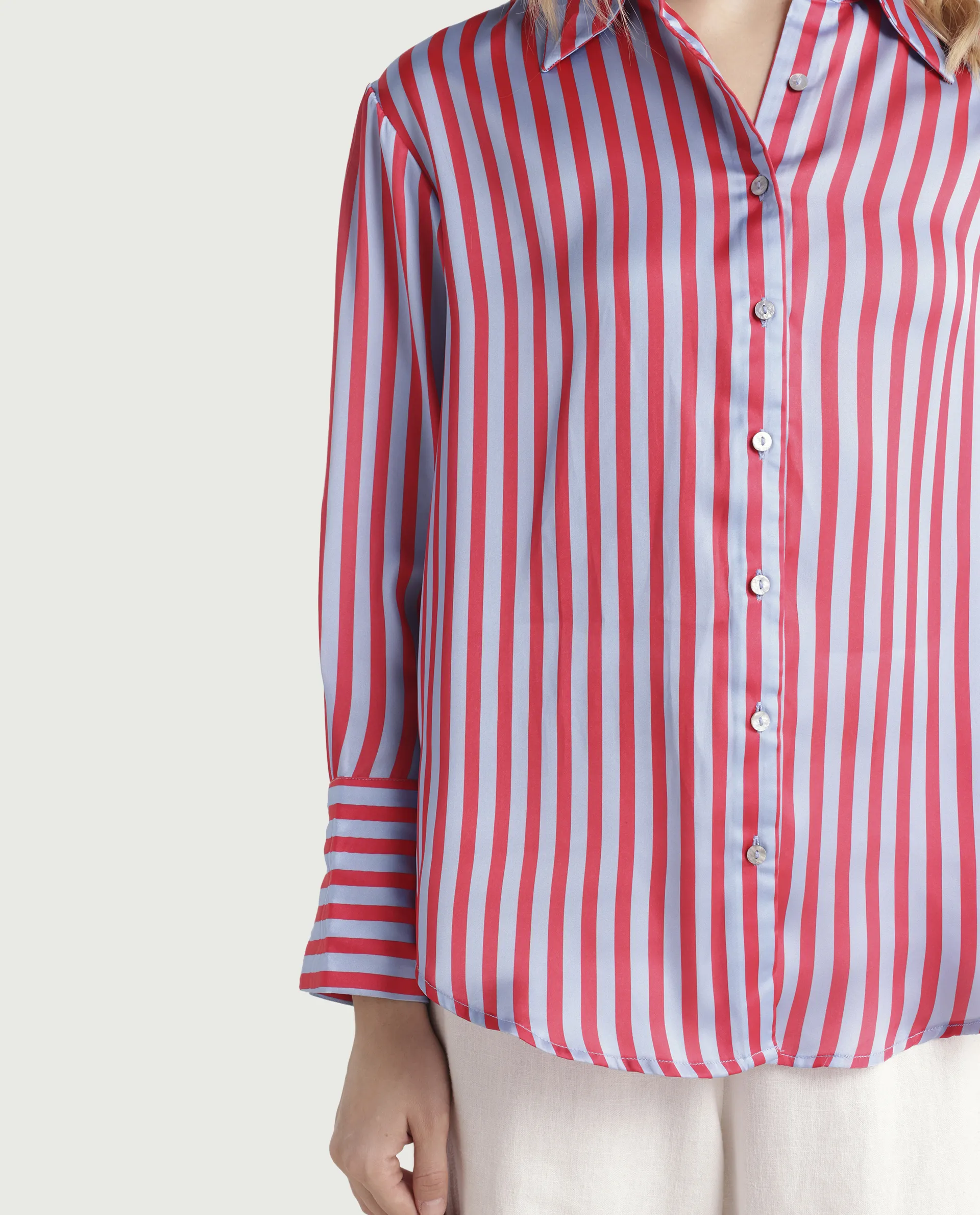 Rareism Women's Mochin Blue Polyester Drop Collar Striped Cuffed Sleeve Regular Fit Shirt - Image 4