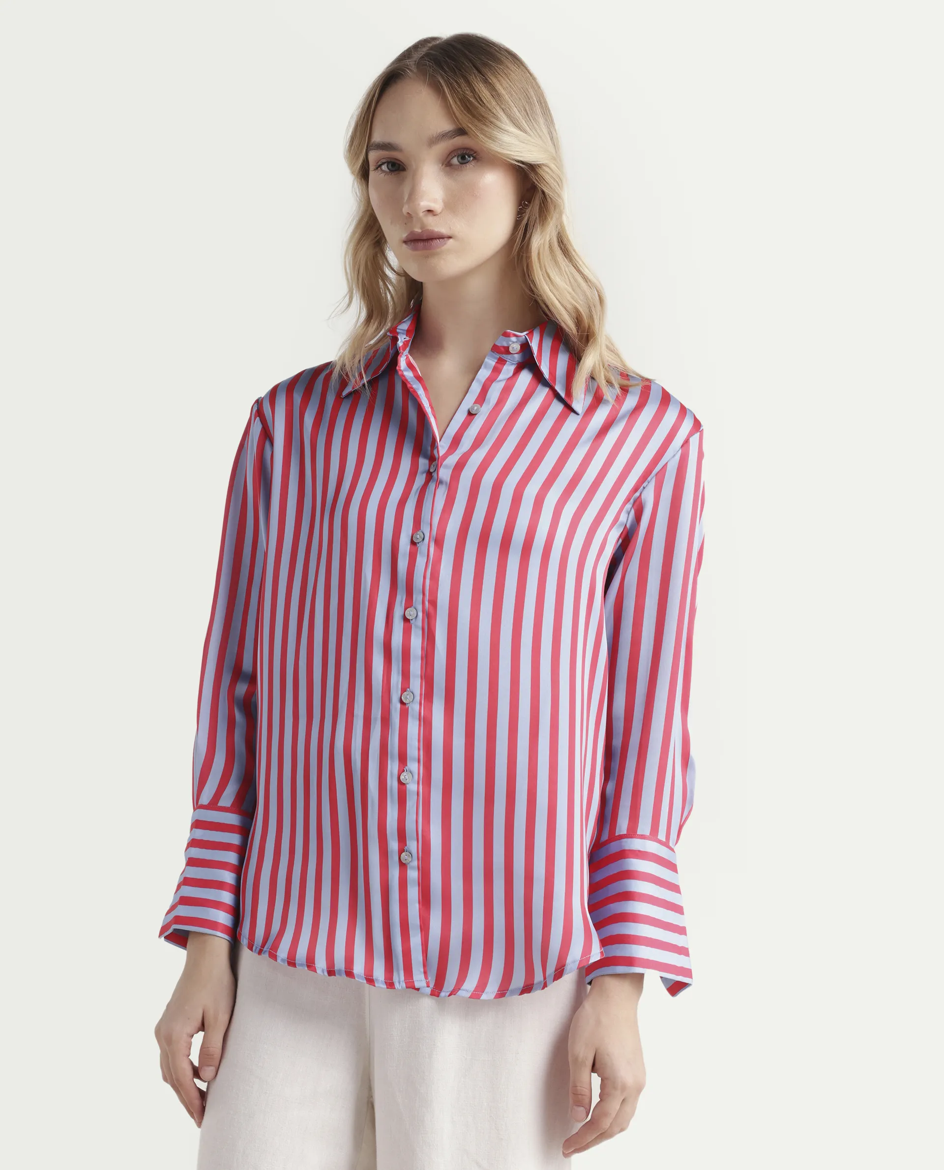 Rareism Women's Mochin Blue Polyester Drop Collar Striped Cuffed Sleeve Regular Fit Shirt - Image 5