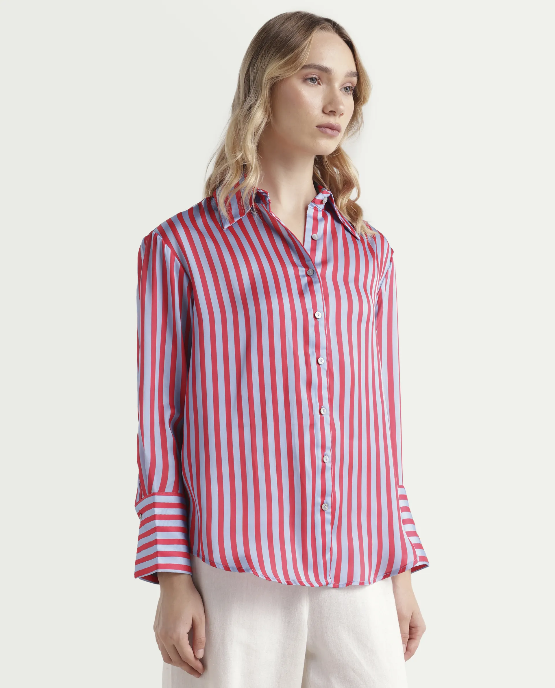 Rareism Women's Mochin Blue Polyester Drop Collar Striped Cuffed Sleeve Regular Fit Shirt - Image 6