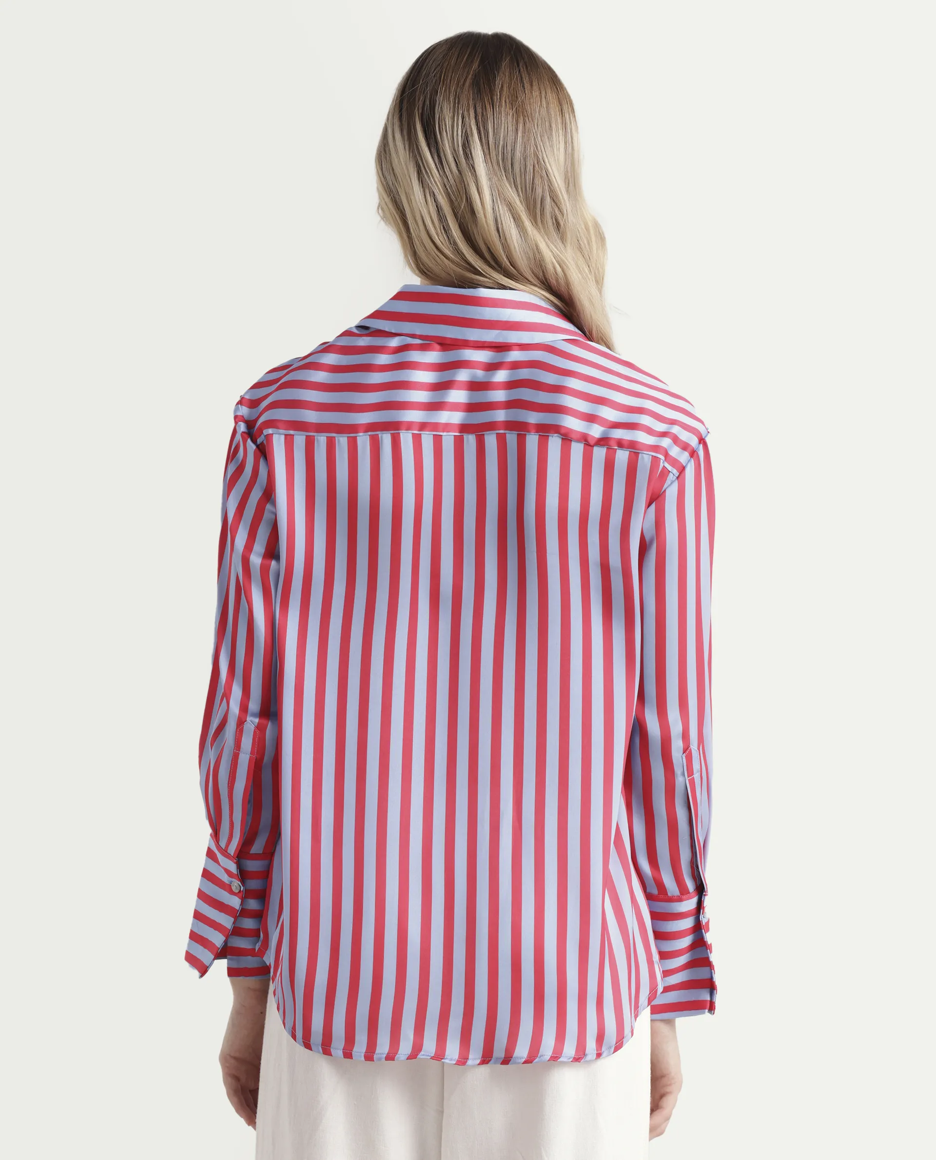 Rareism Women's Mochin Blue Polyester Drop Collar Striped Cuffed Sleeve Regular Fit Shirt - Image 7