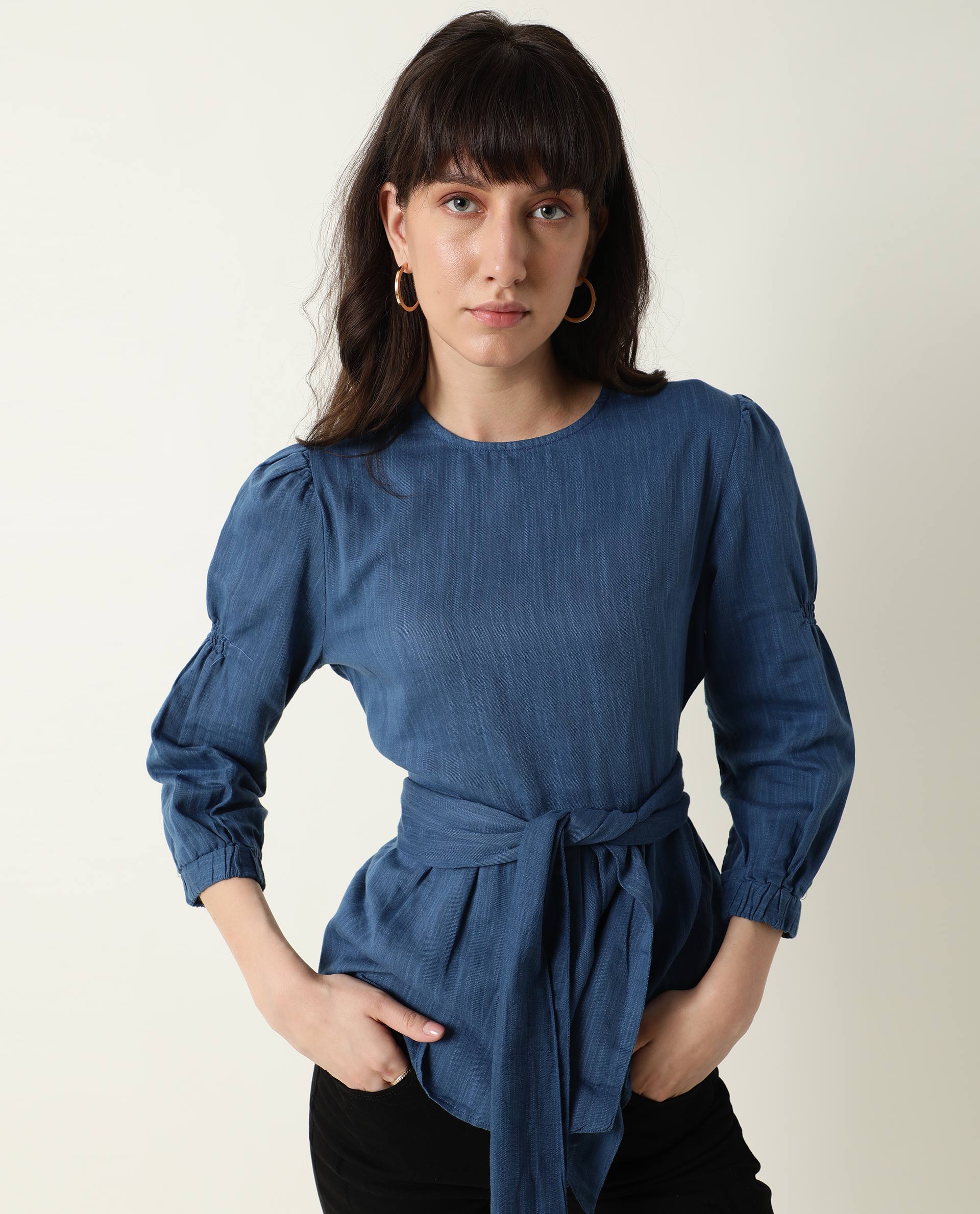 Rareism Women's Mocky Petrol Linen Top