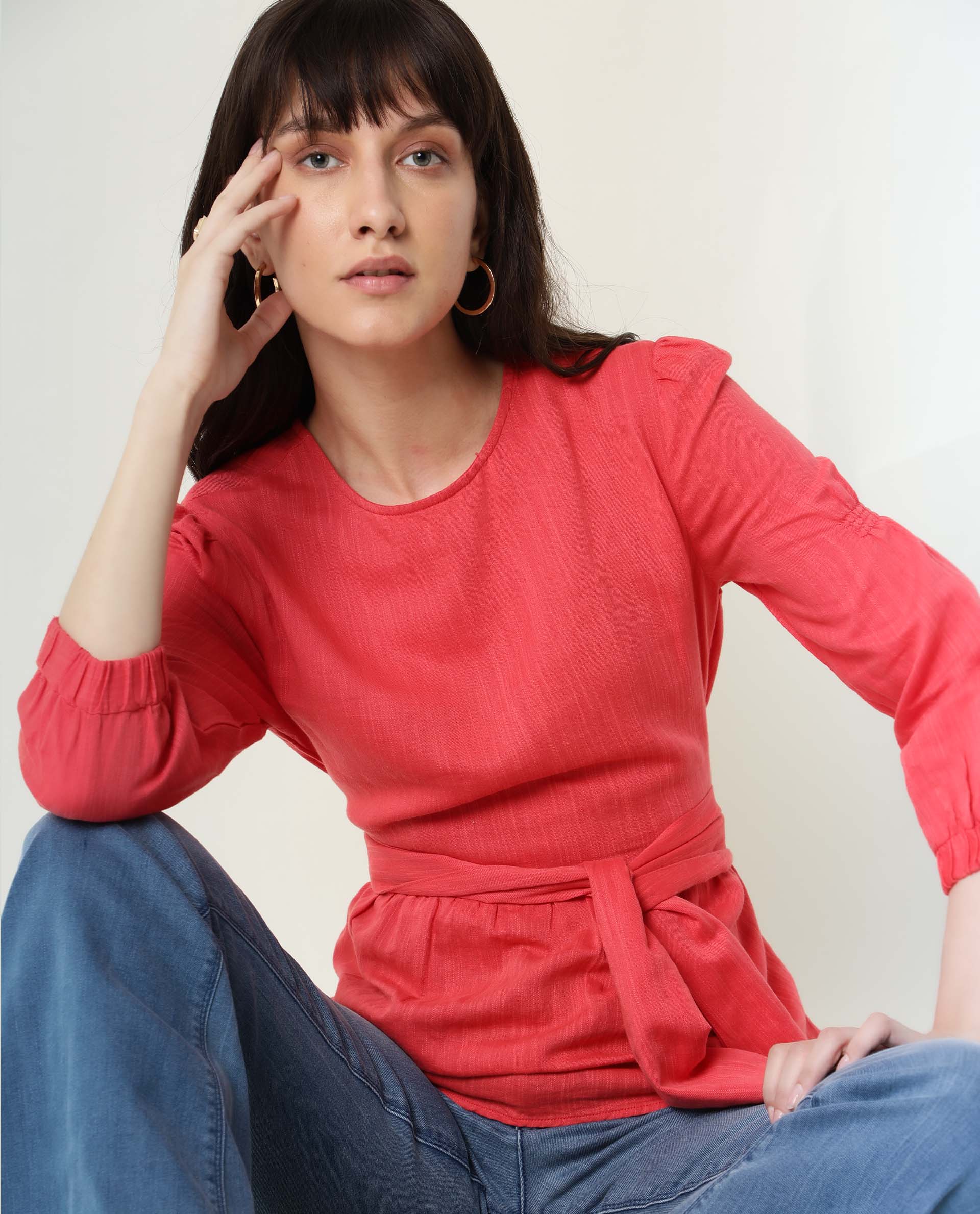 Rareism Womens Mocky Red Top Full Sleeve Elasticated Cuff Crew Neck