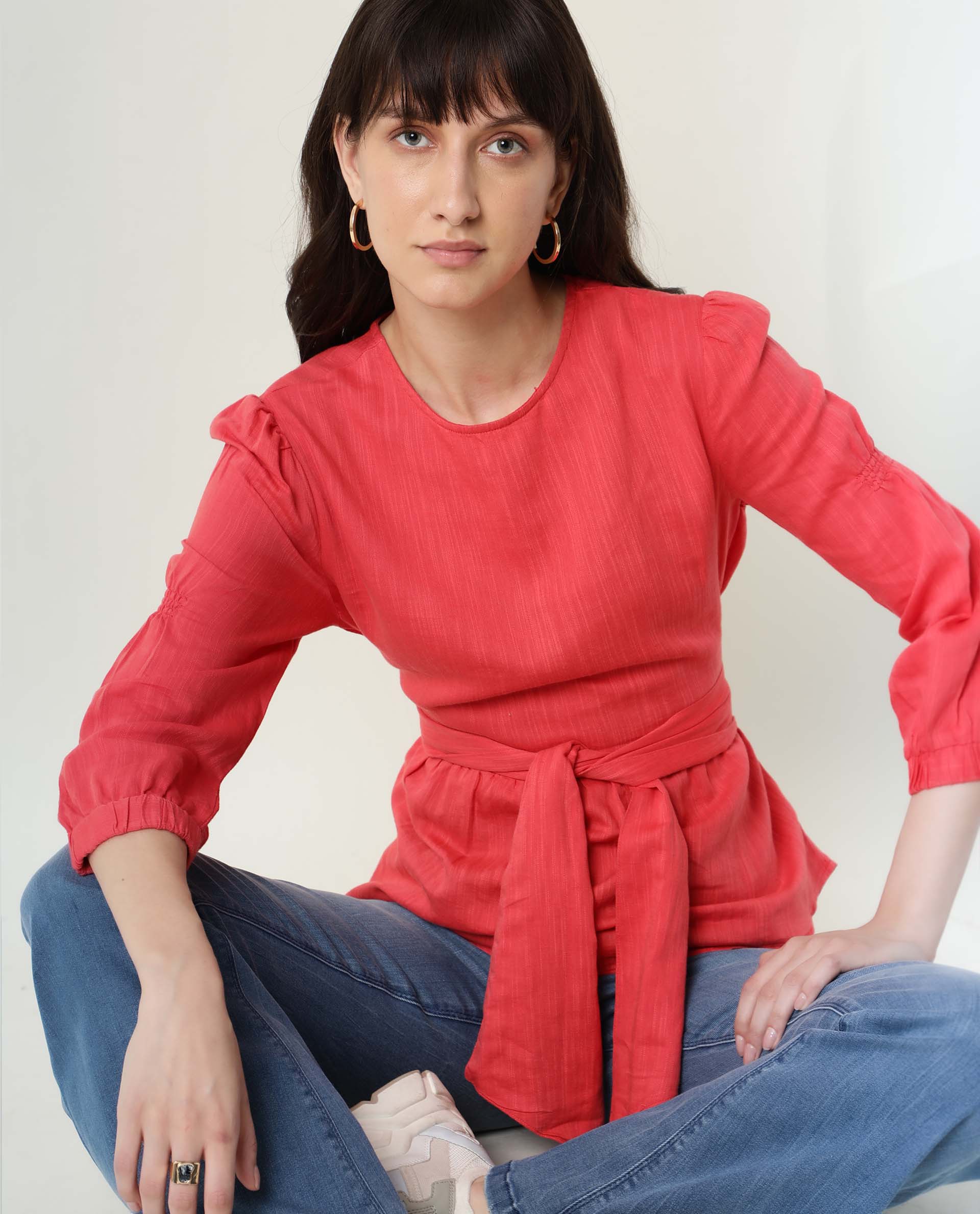 Rareism Womens Mocky Red Top Full Sleeve Elasticated Cuff Crew Neck - Image 2