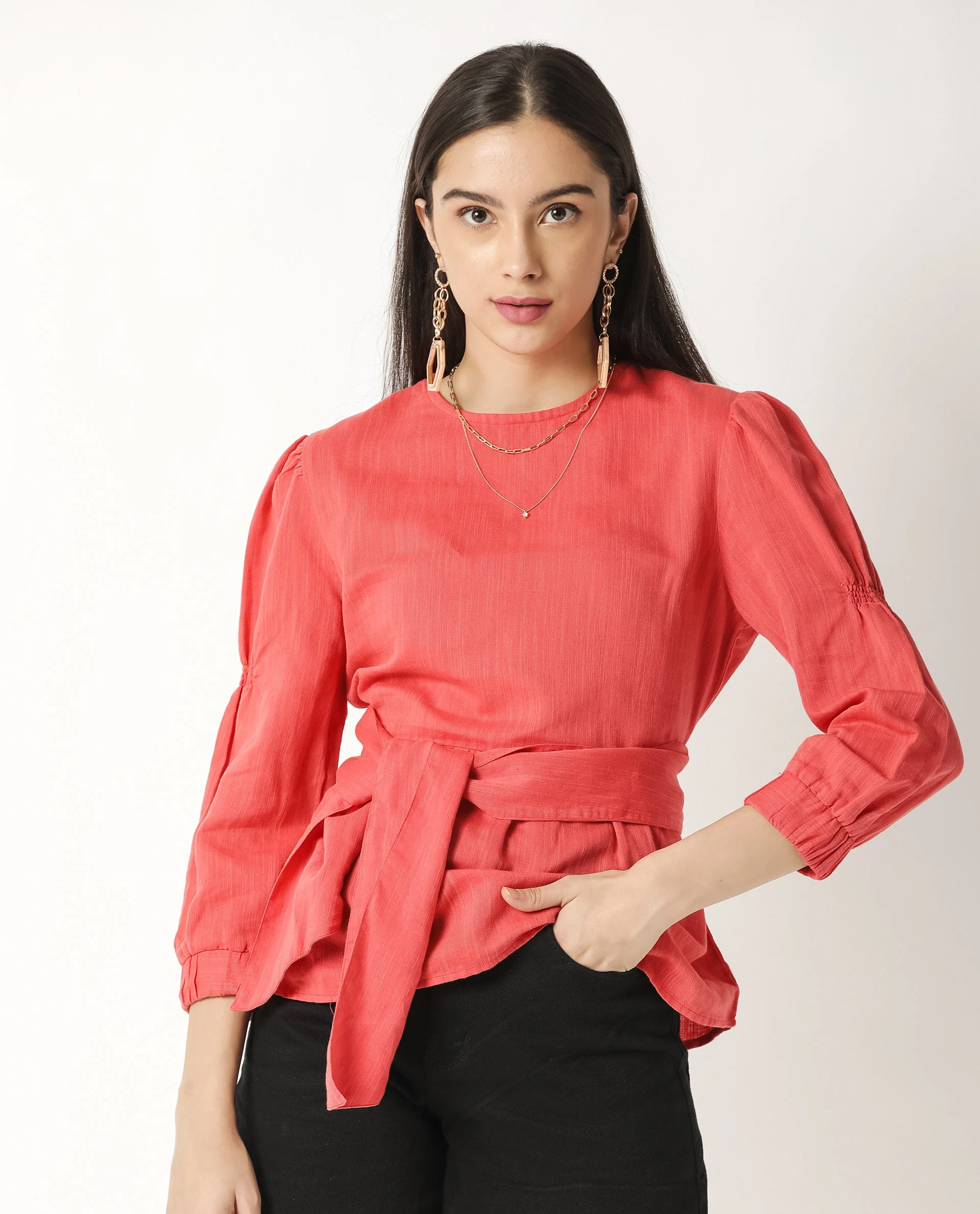 Rareism Womens Mocky Red Top Full Sleeve Elasticated Cuff Crew Neck - Image 3