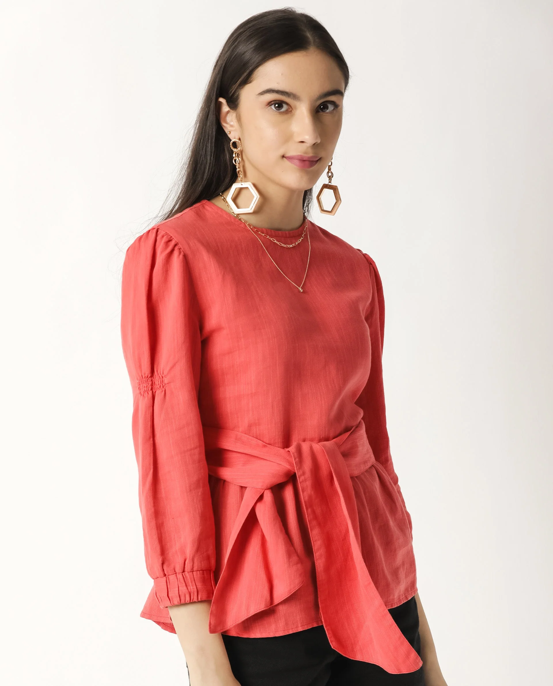 Rareism Womens Mocky Red Top Full Sleeve Elasticated Cuff Crew Neck - Image 4