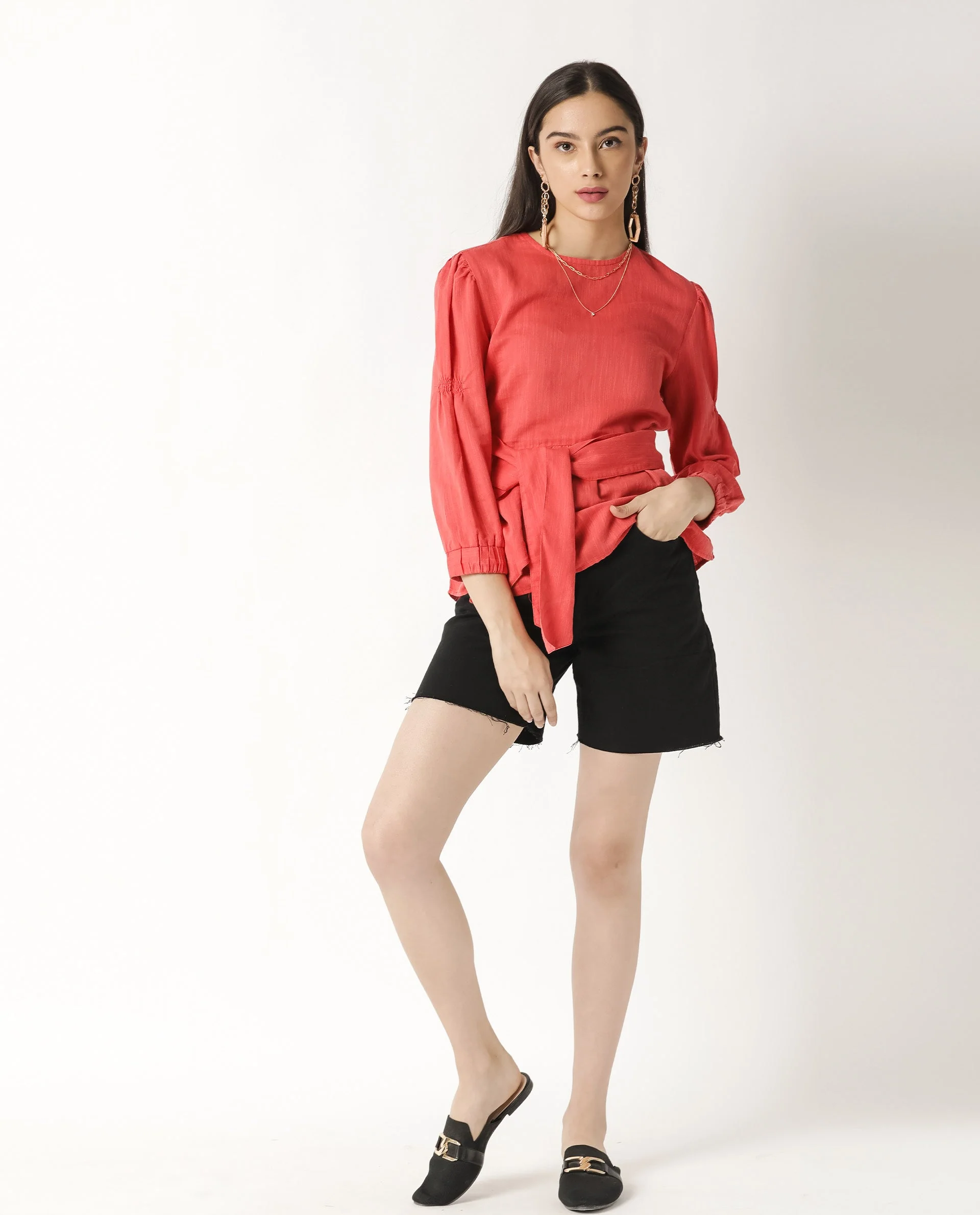 Rareism Womens Mocky Red Top Full Sleeve Elasticated Cuff Crew Neck - Image 5
