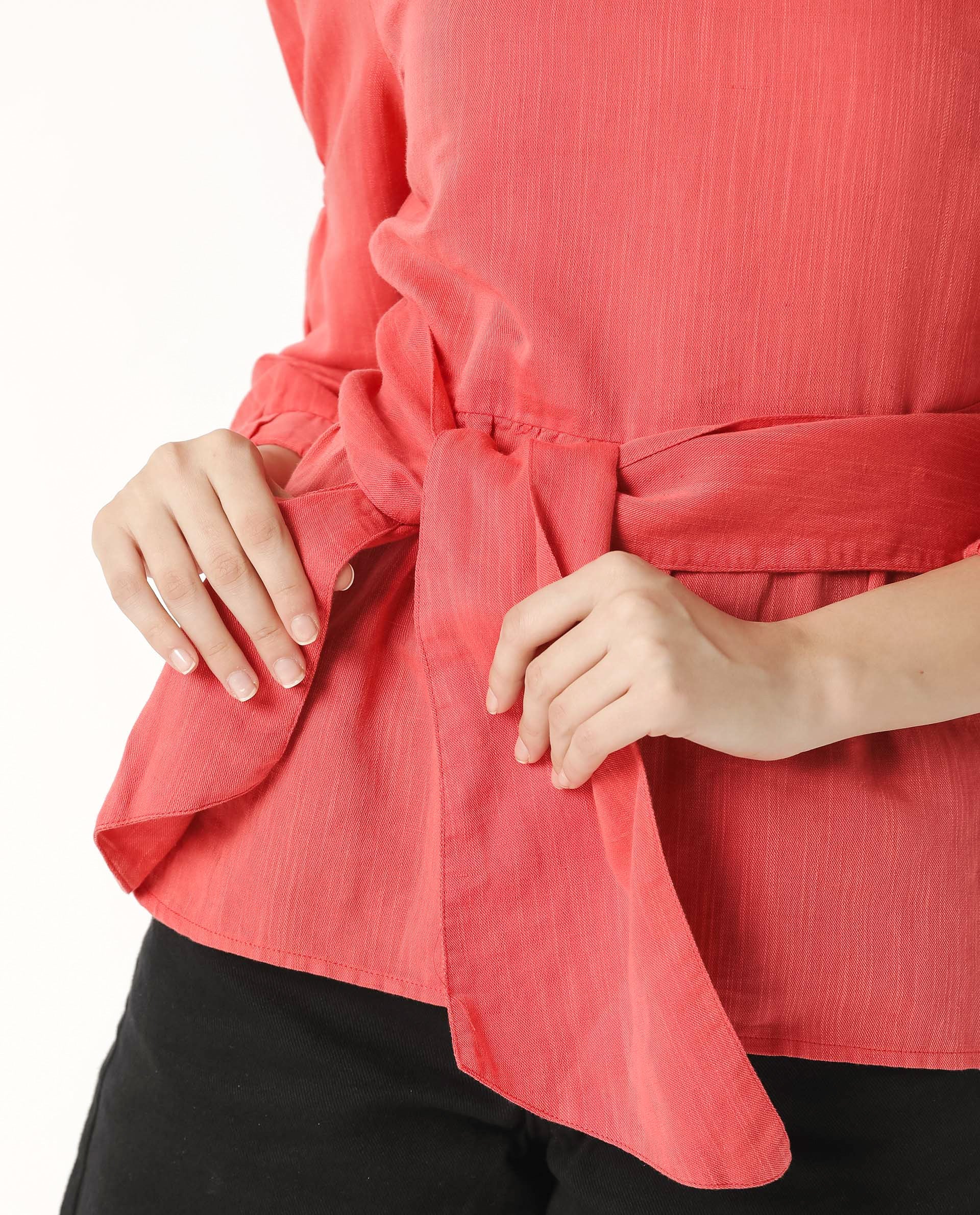 Rareism Womens Mocky Red Top Full Sleeve Elasticated Cuff Crew Neck - Image 6