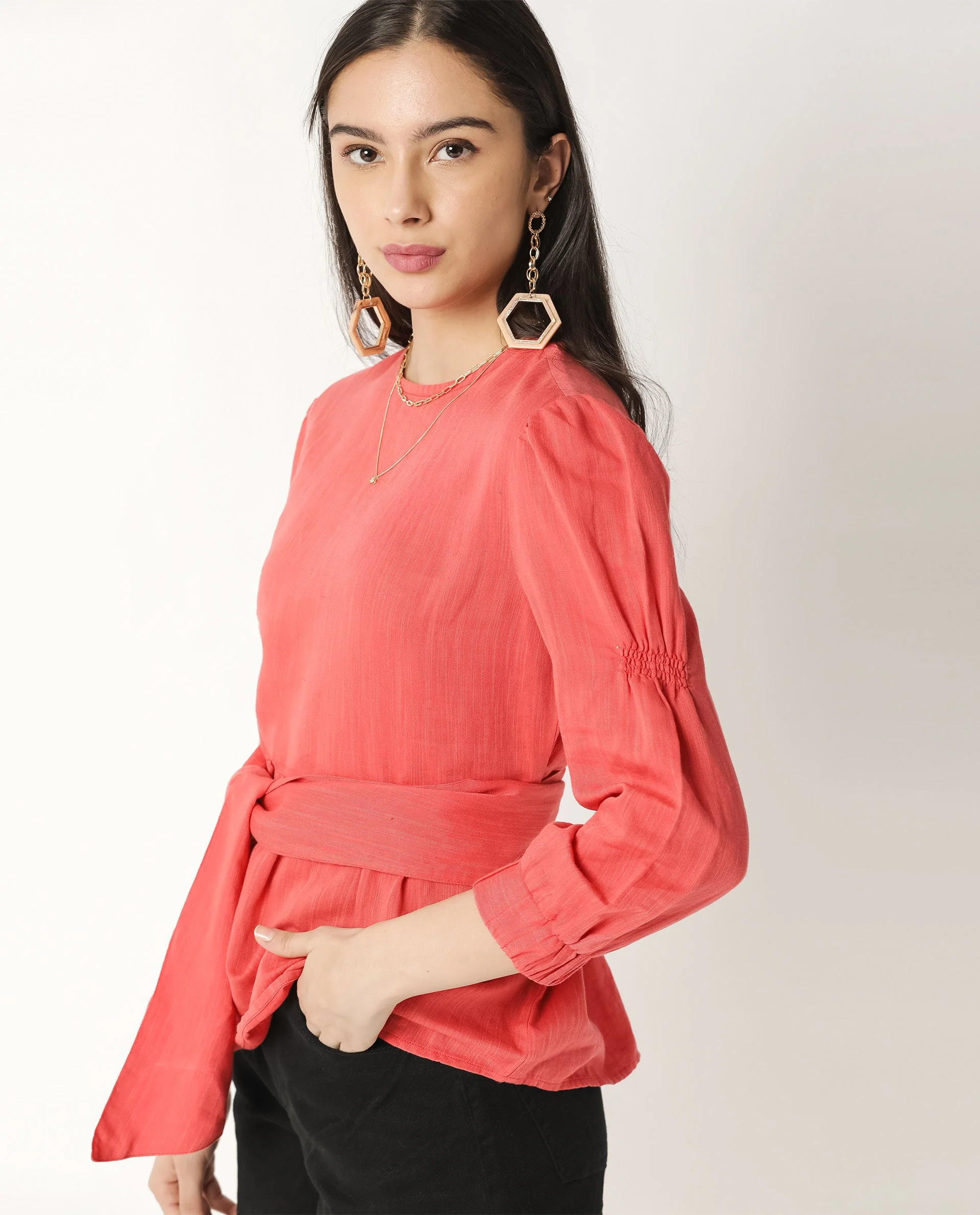 Rareism Womens Mocky Red Top Full Sleeve Elasticated Cuff Crew Neck - Image 7