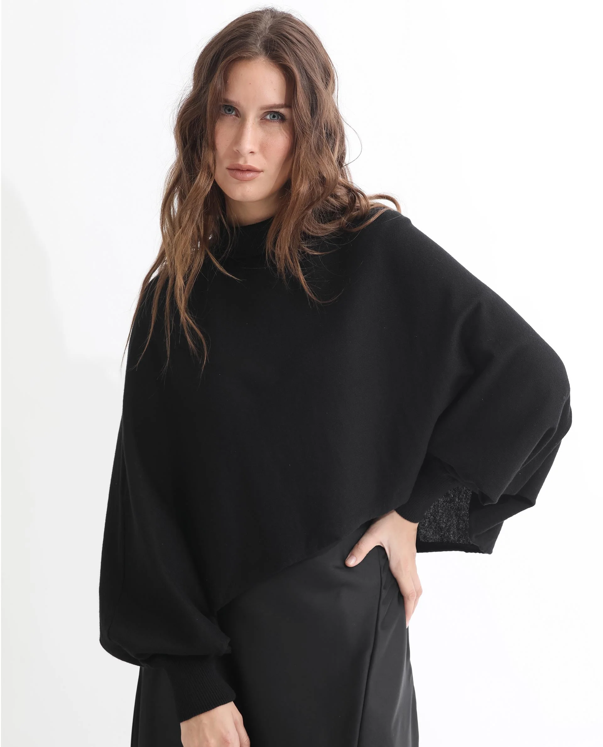 Rareism Women's Modem Black Cotton High Neck Plain Volume Sleeve Relaxed Fit Sweater