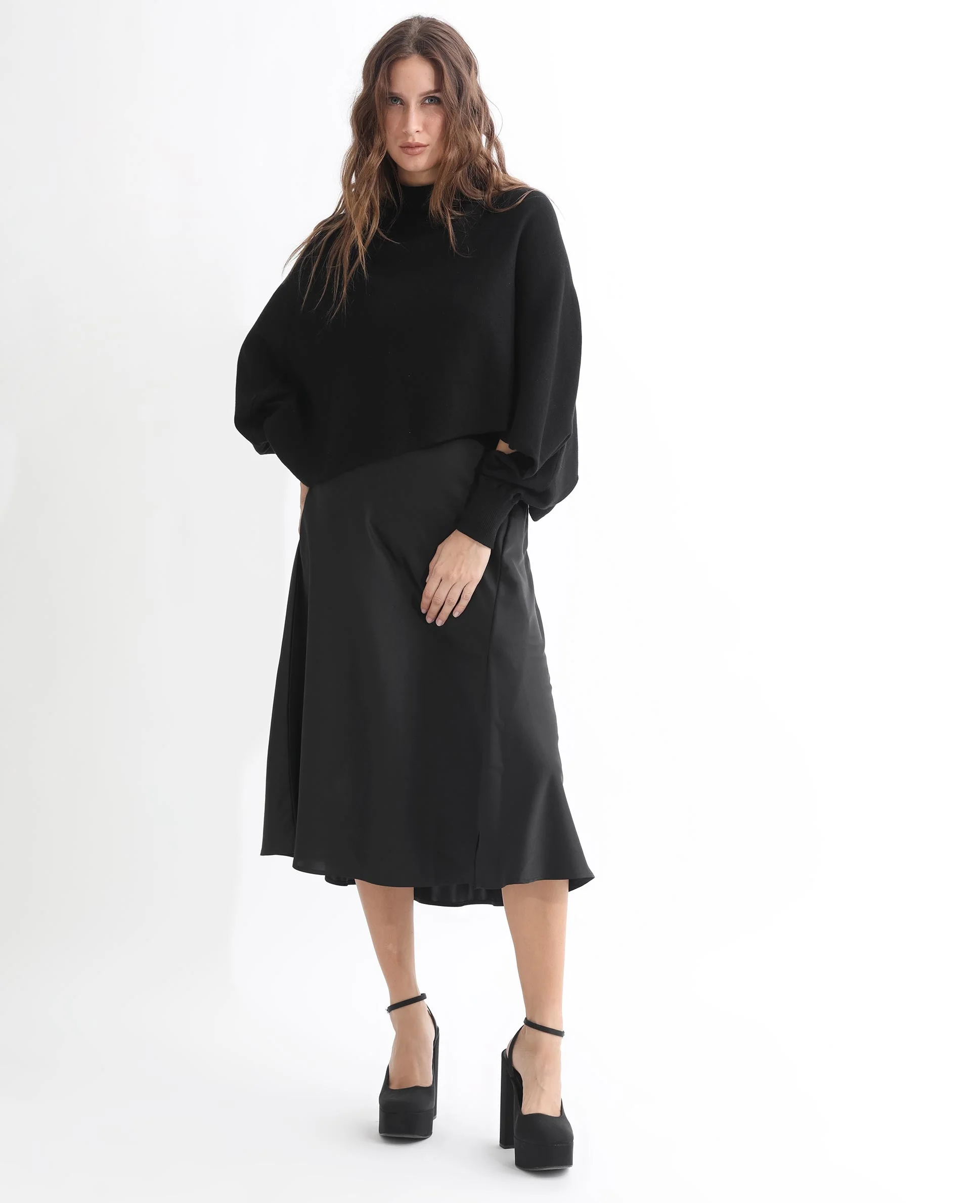 Rareism Women's Modem Black Cotton High Neck Plain Volume Sleeve Relaxed Fit Sweater - Image 2