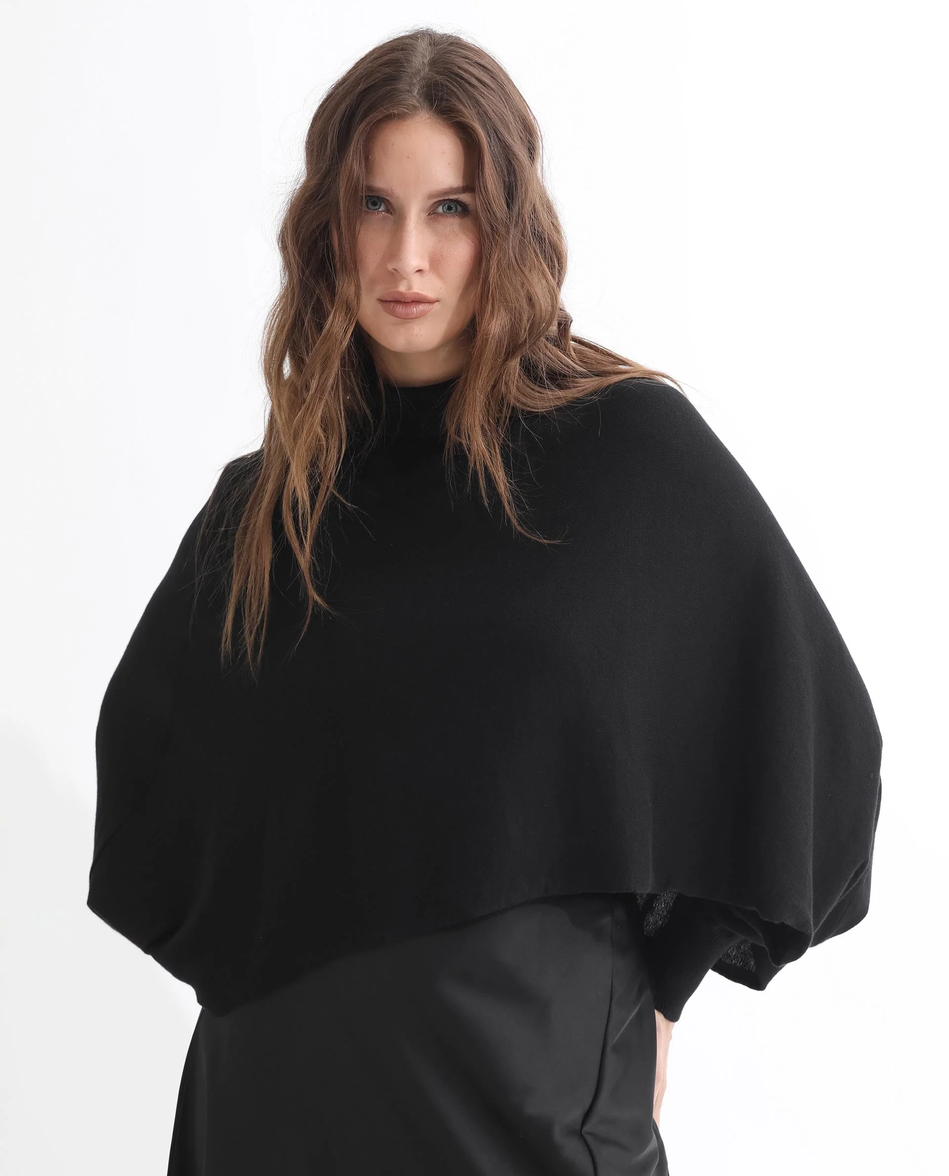 Rareism Women's Modem Black Cotton High Neck Plain Volume Sleeve Relaxed Fit Sweater - Image 3