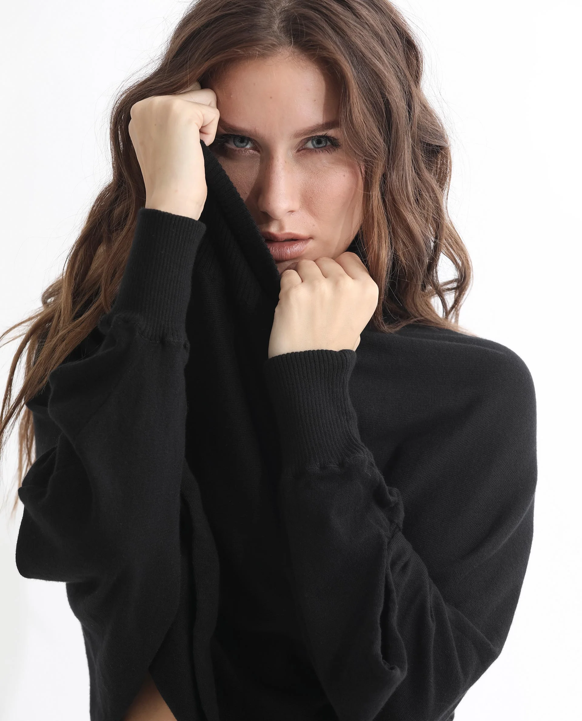 Rareism Women's Modem Black Cotton High Neck Plain Volume Sleeve Relaxed Fit Sweater - Image 4