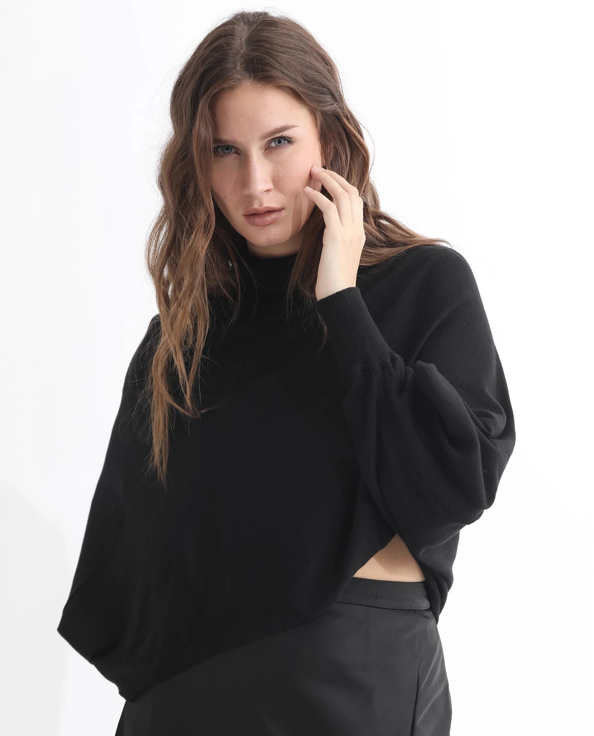 Rareism Women's Modem Black Cotton High Neck Plain Volume Sleeve Relaxed Fit Sweater - Image 5