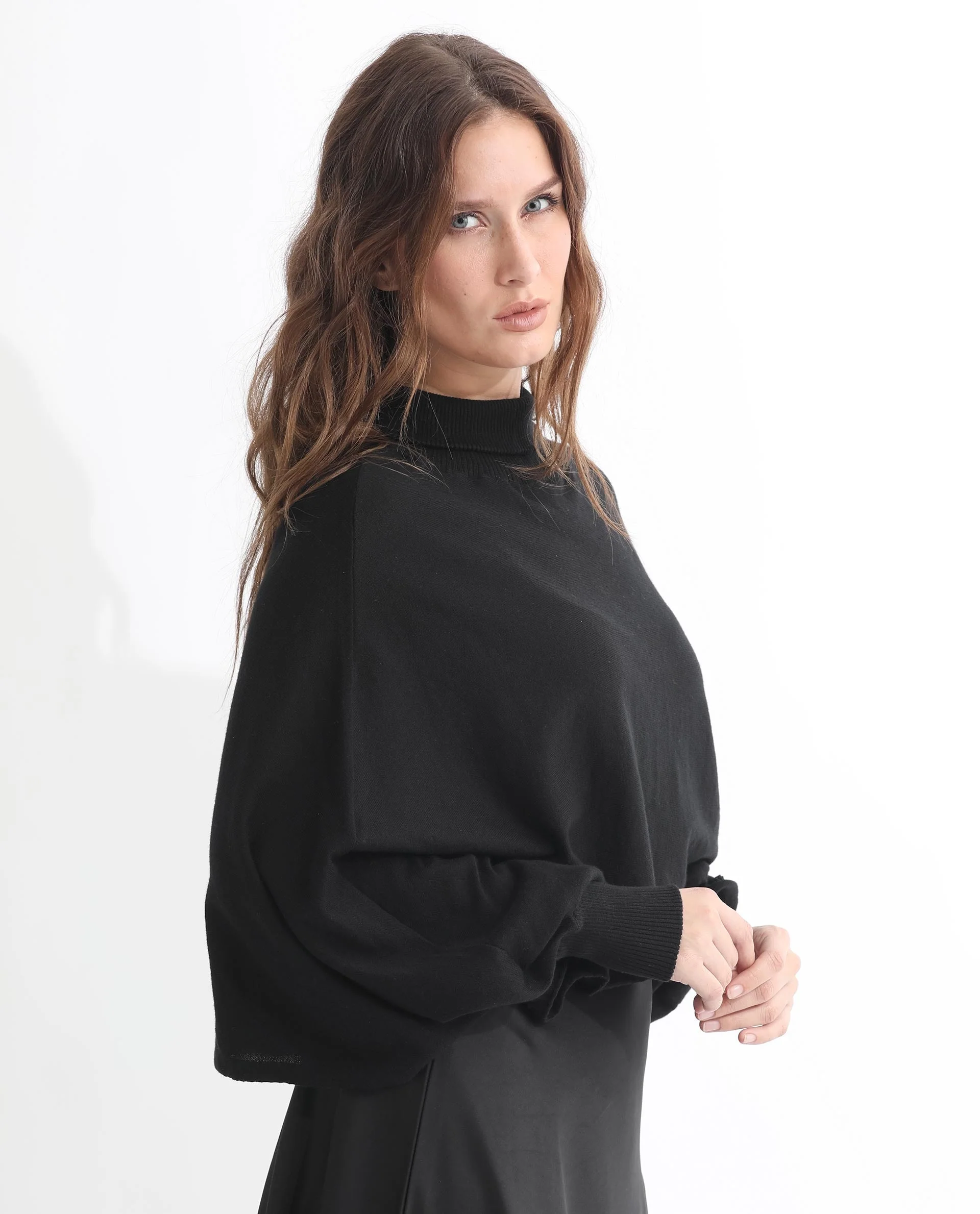 Rareism Women's Modem Black Cotton High Neck Plain Volume Sleeve Relaxed Fit Sweater - Image 6