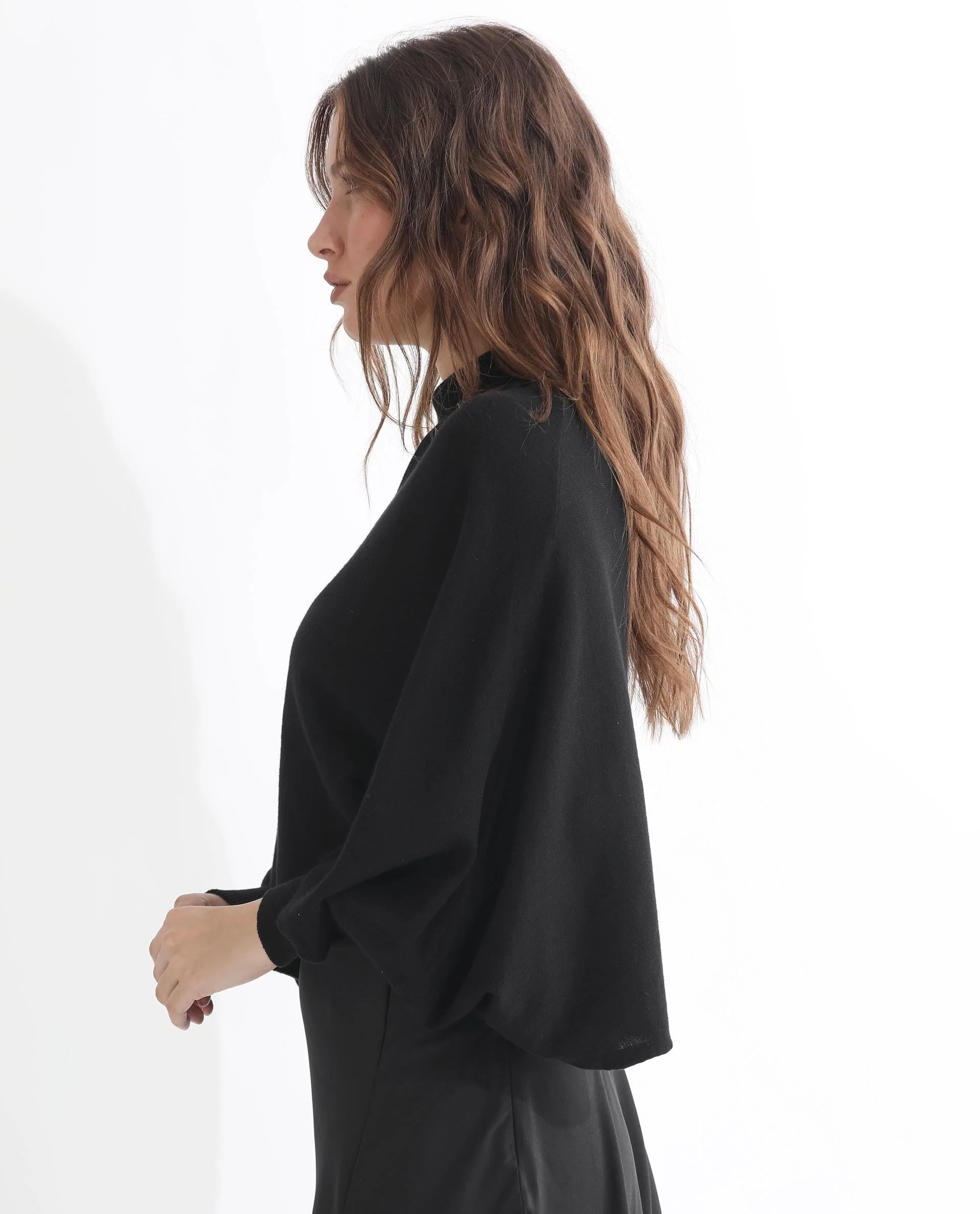 Rareism Women's Modem Black Cotton High Neck Plain Volume Sleeve Relaxed Fit Sweater - Image 7