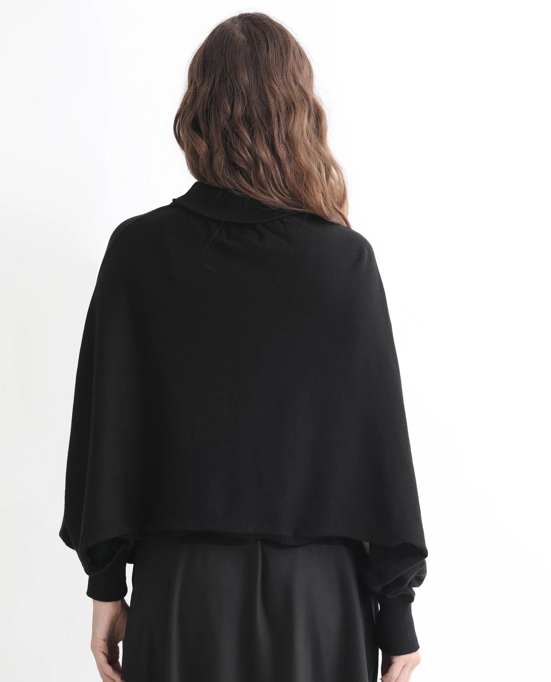 Rareism Women's Modem Black Cotton High Neck Plain Volume Sleeve Relaxed Fit Sweater - Image 8