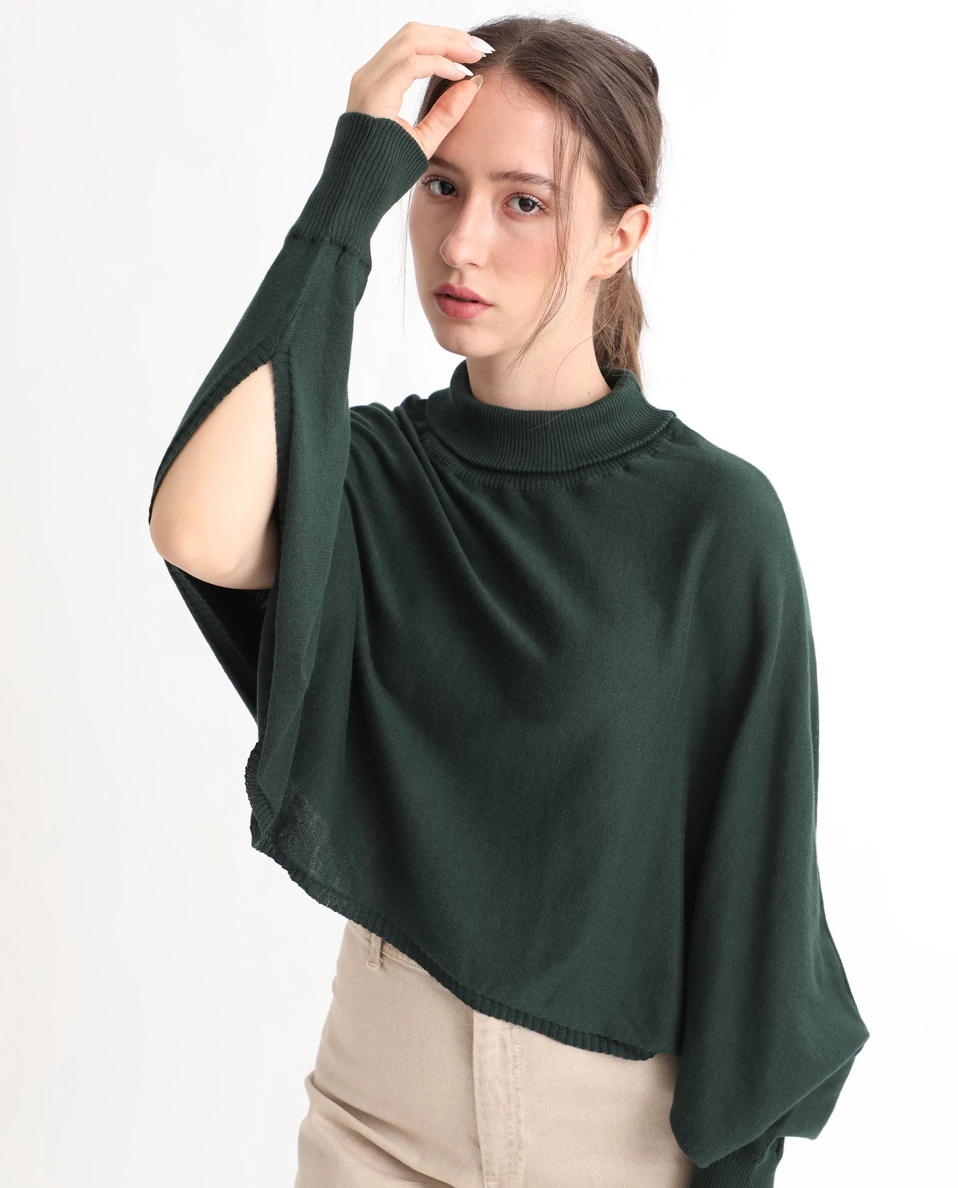 Rareism Women's Modem Green Cotton High Neck Plain Volume Sleeve Relaxed Fit Sweater