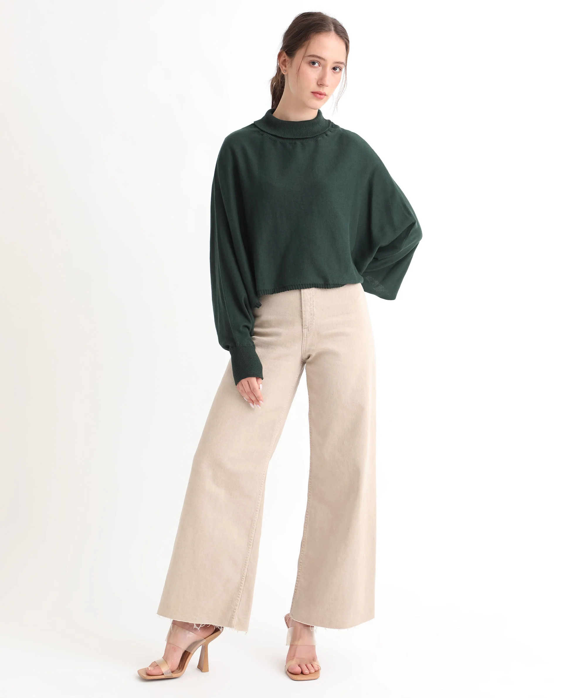 Rareism Women's Modem Green Cotton High Neck Plain Volume Sleeve Relaxed Fit Sweater - Image 2