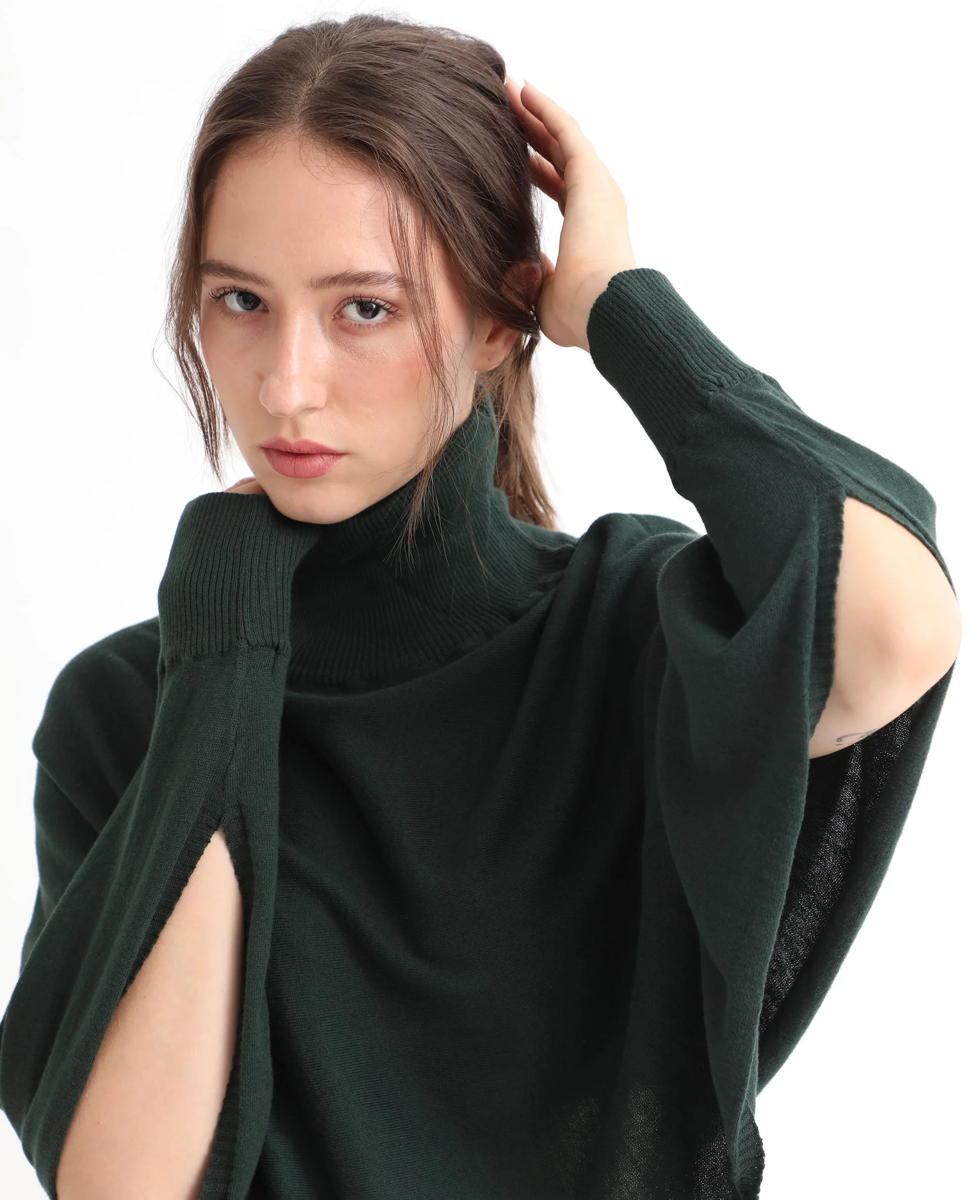 Rareism Women's Modem Green Cotton High Neck Plain Volume Sleeve Relaxed Fit Sweater - Image 3