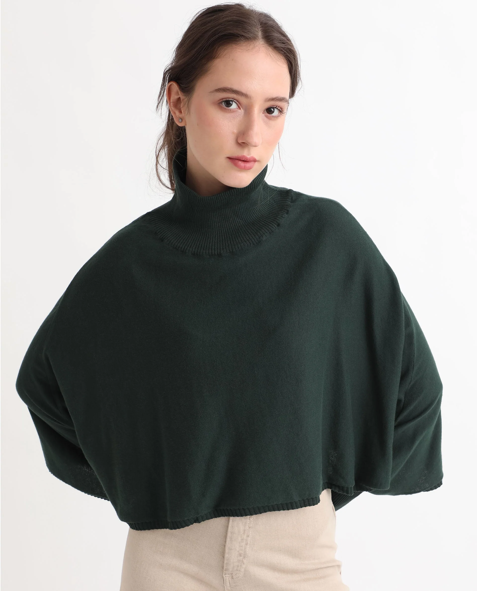 Rareism Women's Modem Green Cotton High Neck Plain Volume Sleeve Relaxed Fit Sweater - Image 4