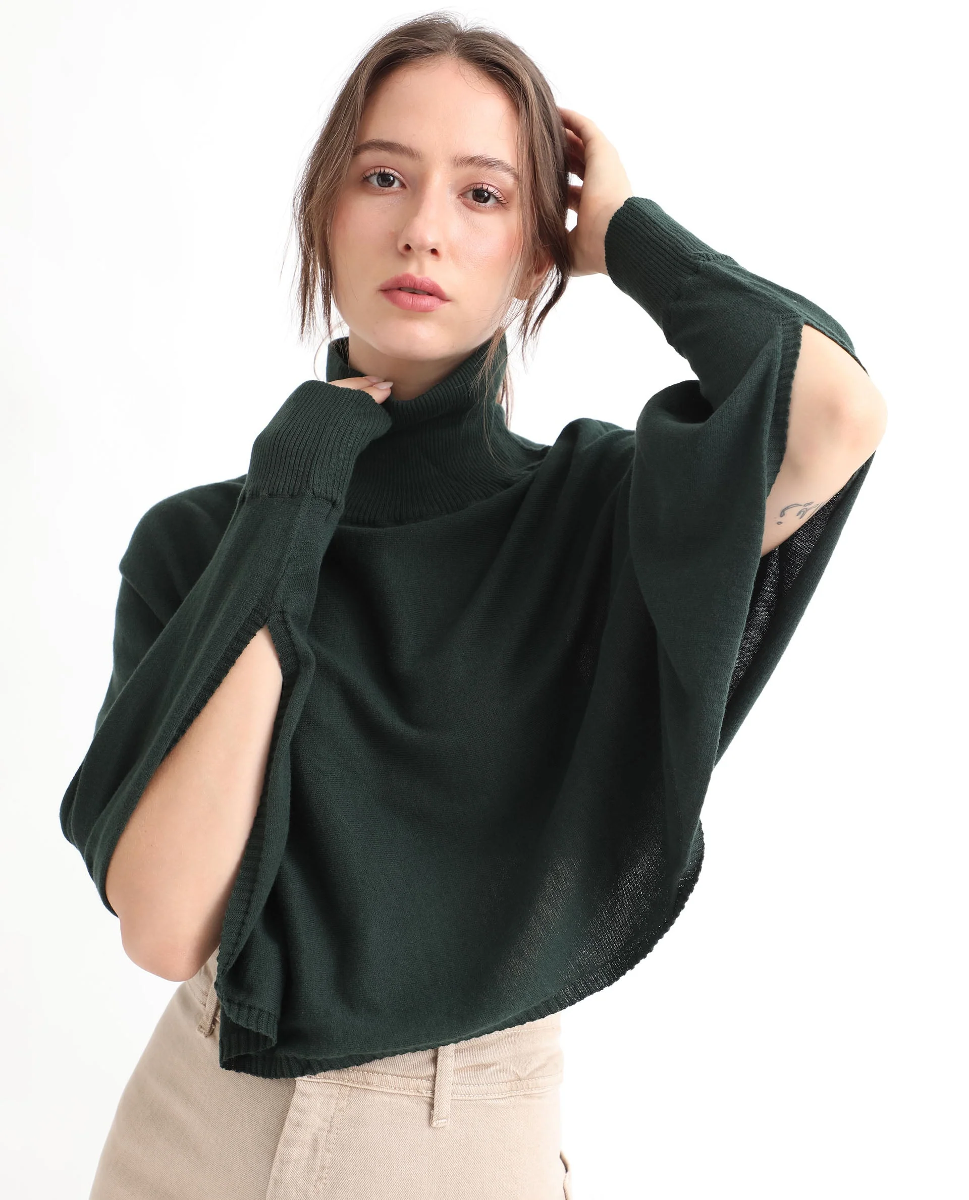 Rareism Women's Modem Green Cotton High Neck Plain Volume Sleeve Relaxed Fit Sweater - Image 5