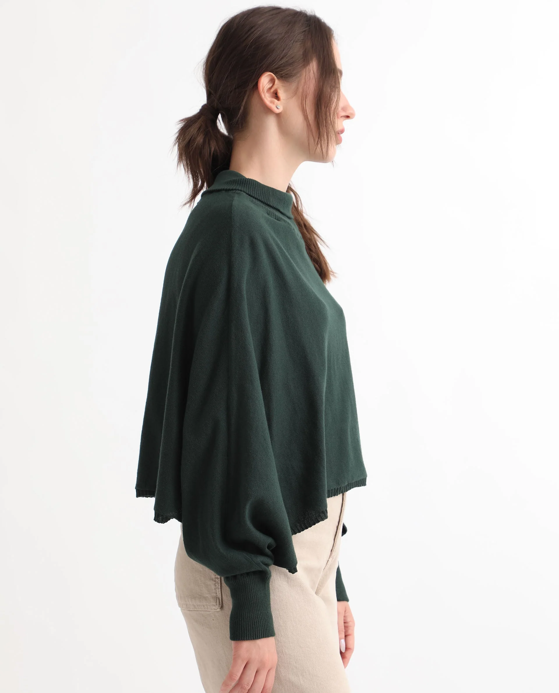 Rareism Women's Modem Green Cotton High Neck Plain Volume Sleeve Relaxed Fit Sweater - Image 7