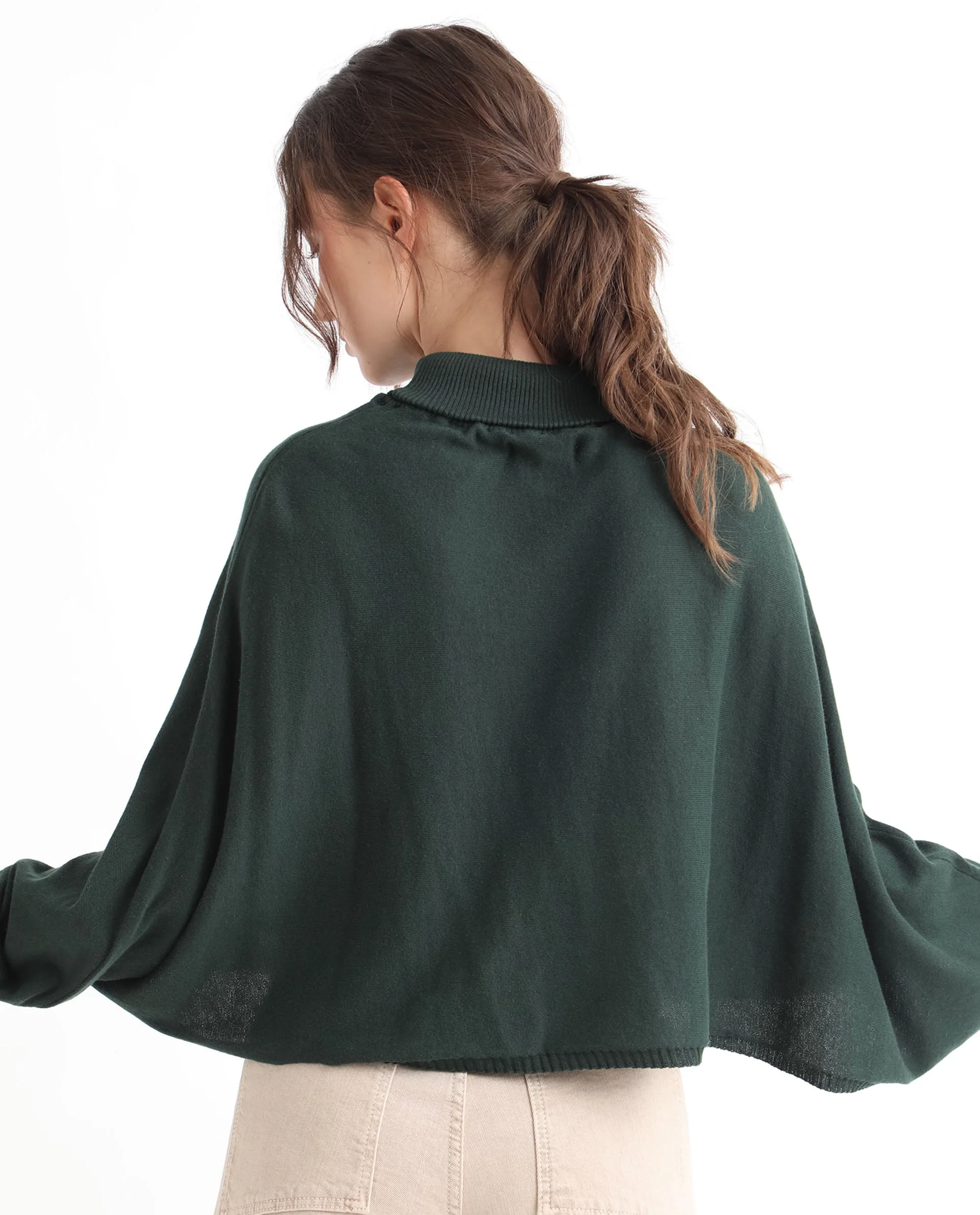 Rareism Women's Modem Green Cotton High Neck Plain Volume Sleeve Relaxed Fit Sweater - Image 8