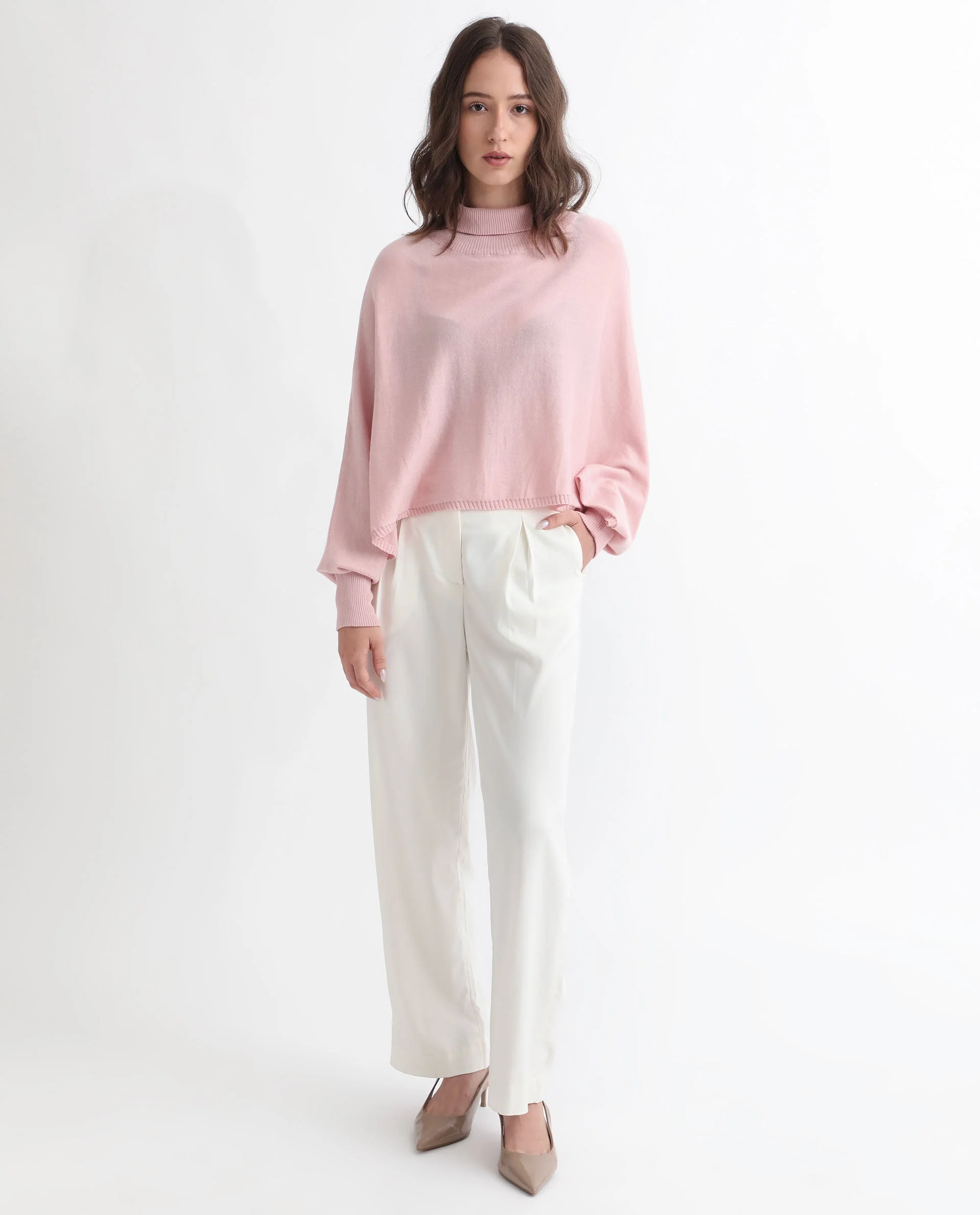 Rareism Women's Modem Pink Cotton High Neck Plain Volume Sleeve Relaxed Fit Sweater - Image 2